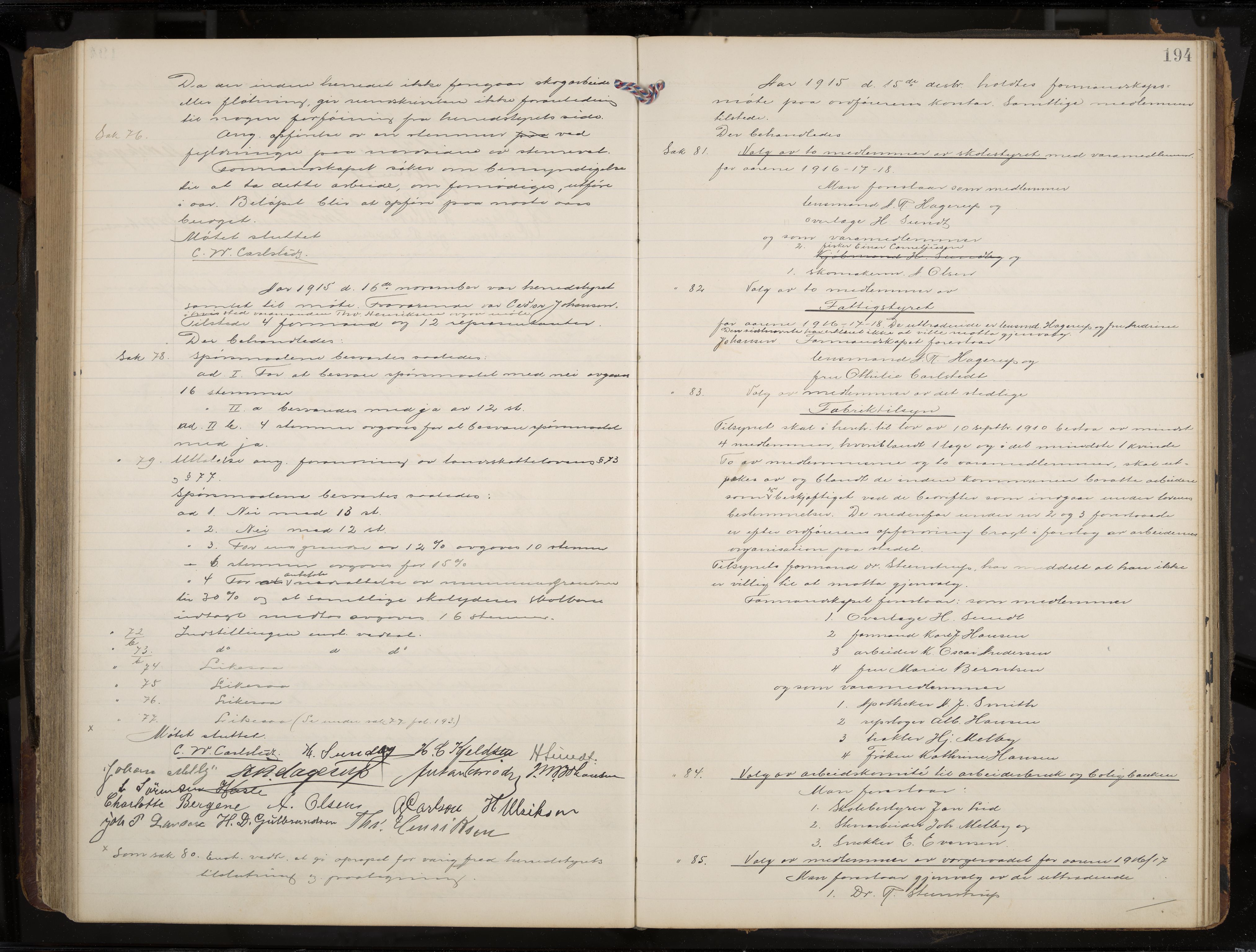 Stavern formannskap og sentraladministrasjon, IKAK/0708021/A/Aa/L0005: Møtebok med register, 1905-1917, s. 194