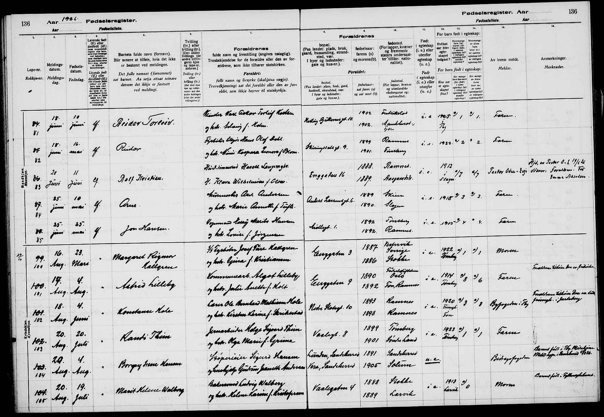 Tønsberg kirkebøker, SAKO/A-330/J/Ja/L0002: Fødselsregister nr. 2, 1922-1928, s. 136