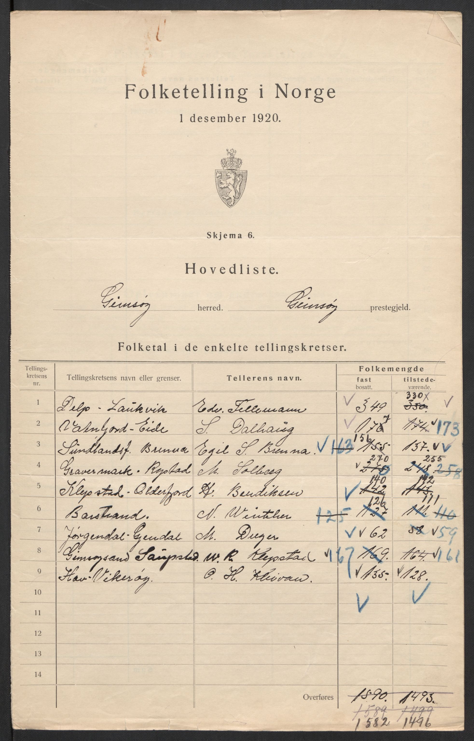 SAT, Folketelling 1920 for 1864 Gimsøy herred, 1920, s. 9