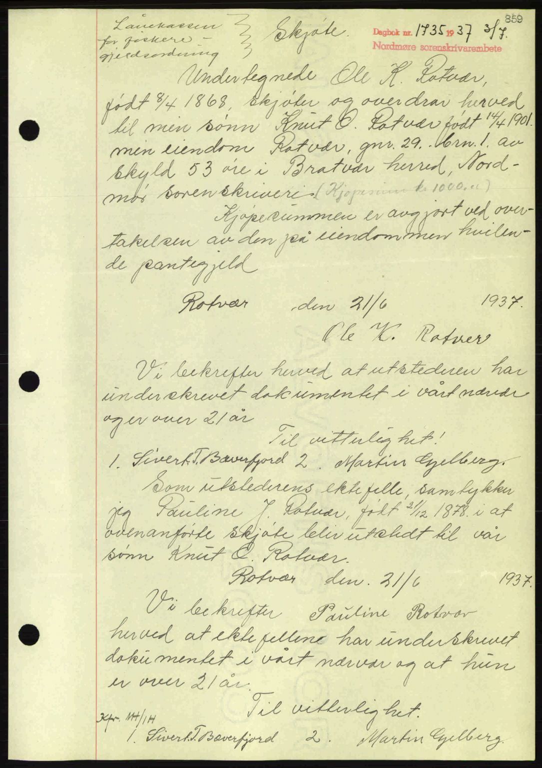 Nordmøre sorenskriveri, SAT/A-4132/1/2/2Ca: Pantebok nr. A81, 1937-1937, Dagboknr: 1735/1937