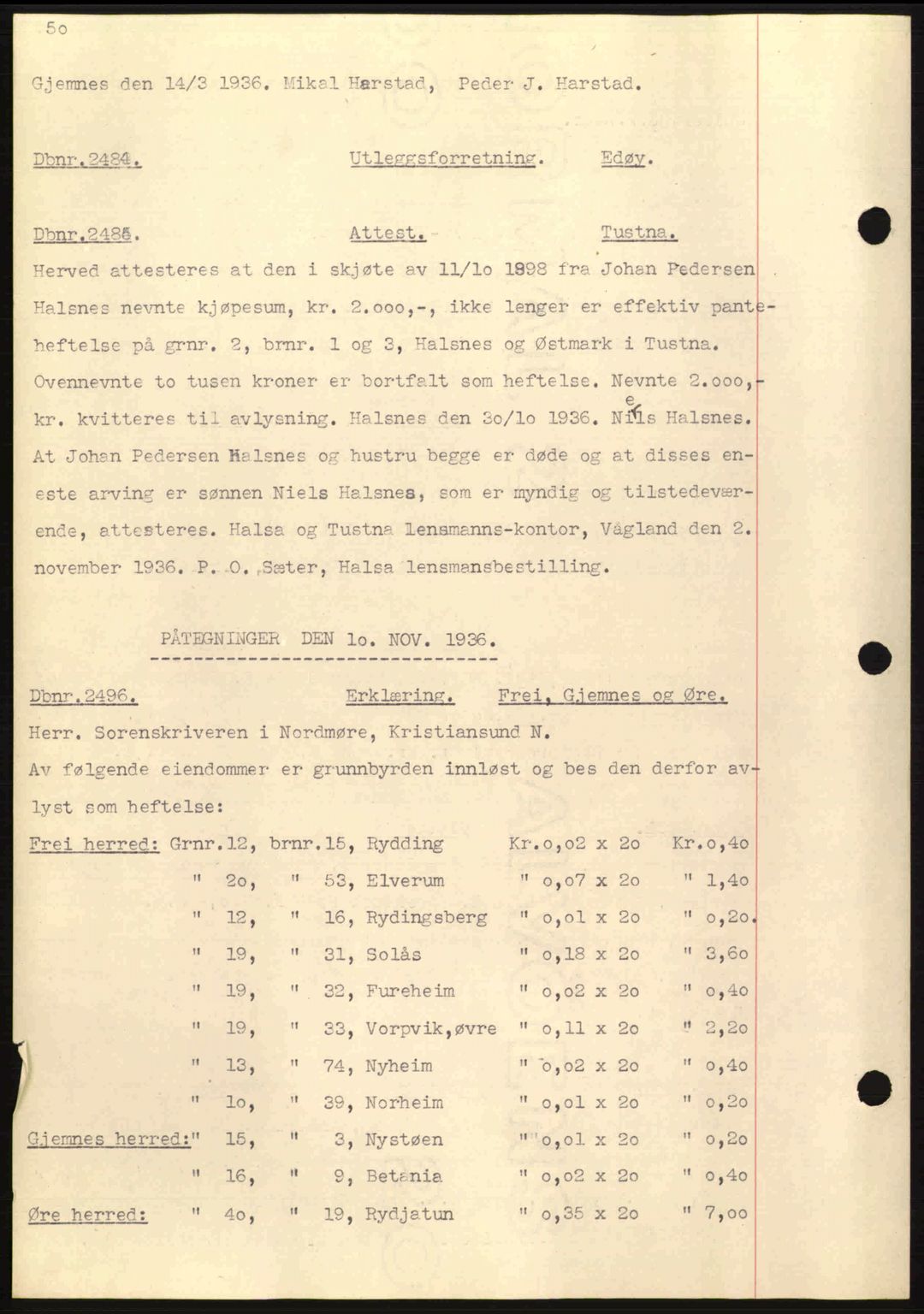 Nordmøre sorenskriveri, SAT/A-4132/1/2/2Ca: Pantebok nr. C80, 1936-1939, Dagboknr: 2484/1936