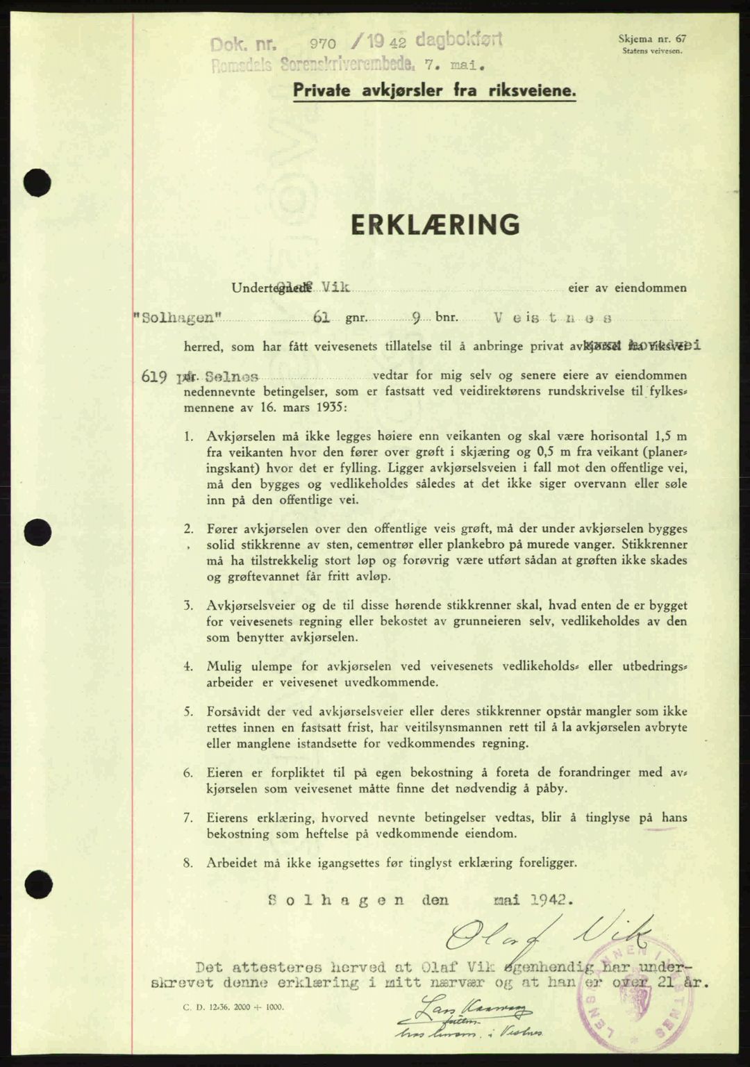 Romsdal sorenskriveri, SAT/A-4149/1/2/2C: Pantebok nr. A12, 1942-1942, Dagboknr: 970/1942