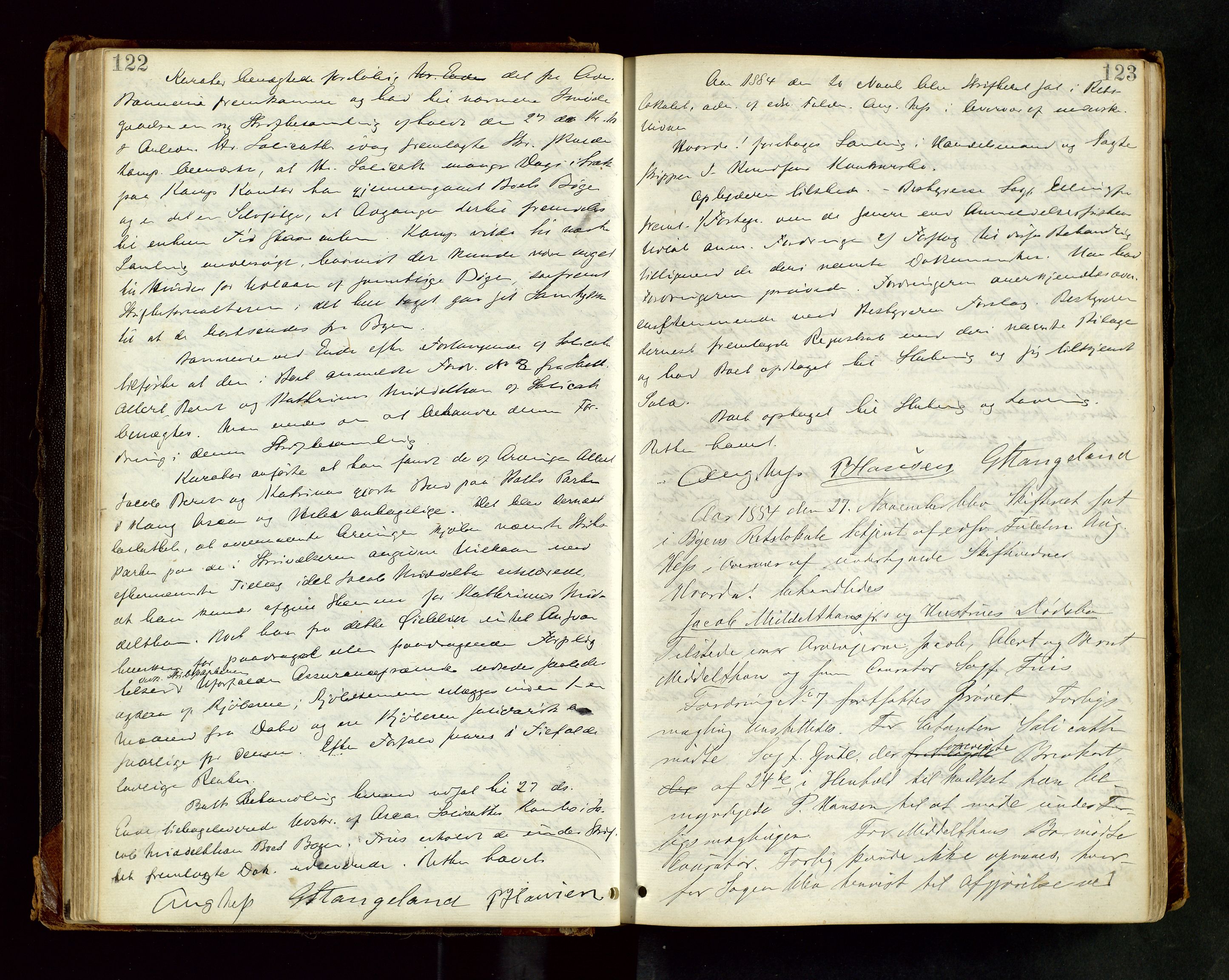 Stavanger byfogd, AV/SAST-A-101408/001/5/50/503BB/L0017: Skifteforhandlingsprotokoll, 1883-1889, s. 122-123