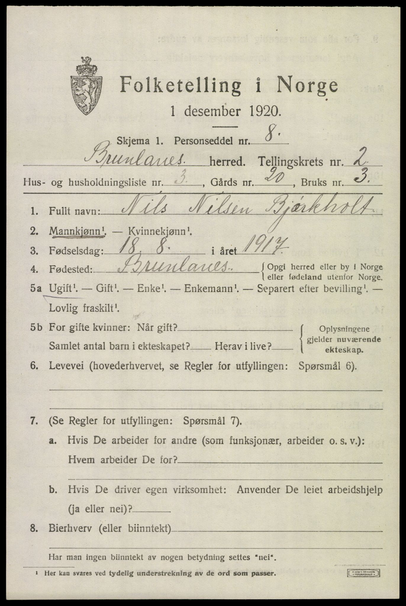 SAKO, Folketelling 1920 for 0726 Brunlanes herred, 1920, s. 3353