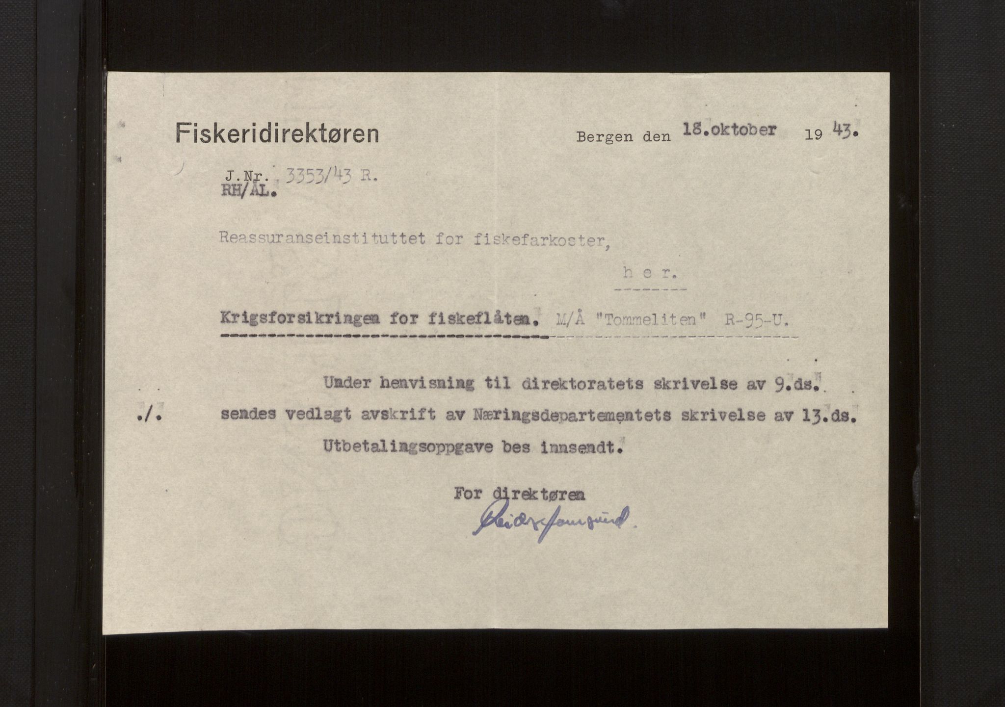 Fiskeridirektoratet - 1 Adm. ledelse - 13 Båtkontoret, SAB/A-2003/La/L0008: Statens krigsforsikring for fiskeflåten, 1936-1971, s. 213