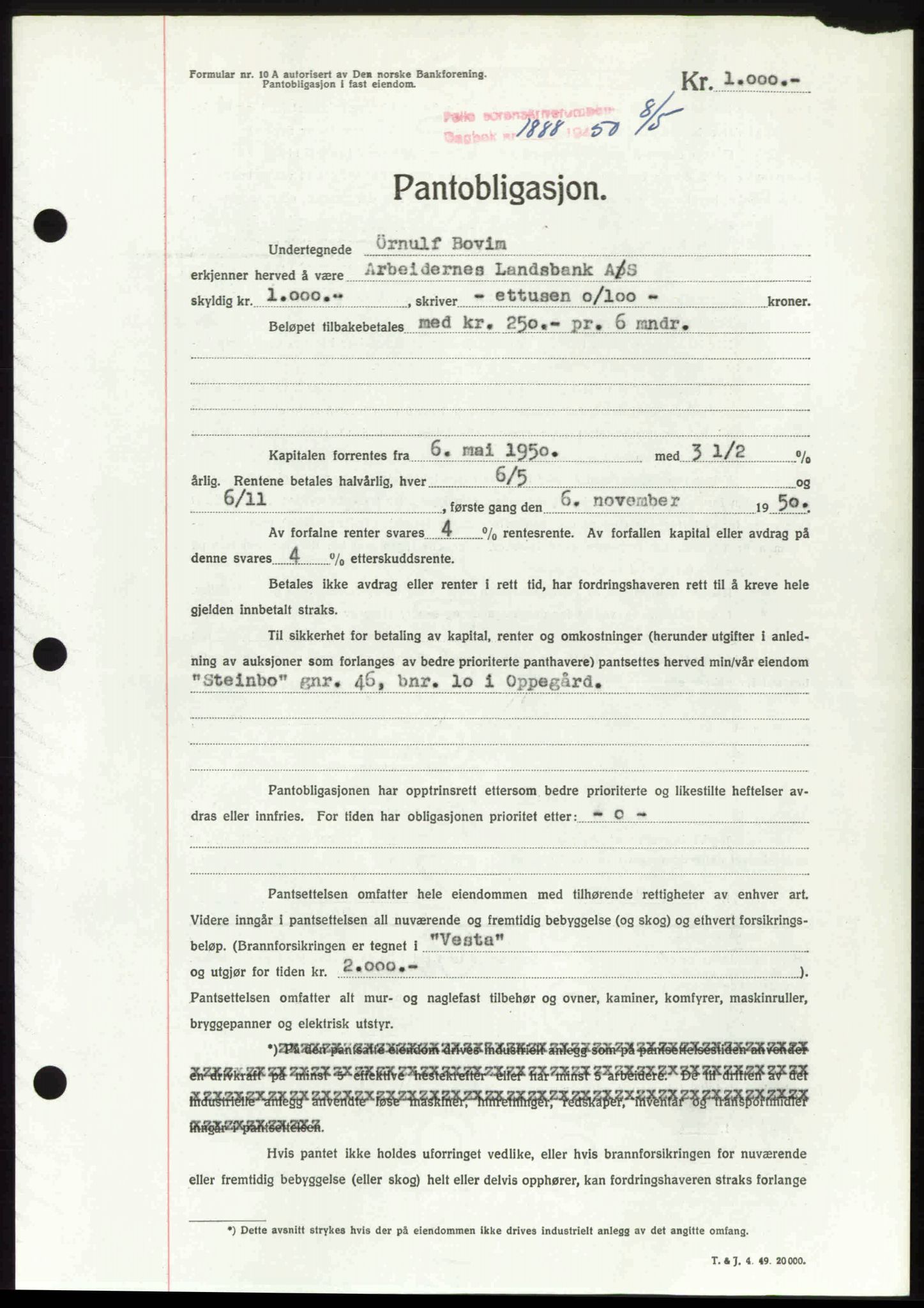 Follo sorenskriveri, SAO/A-10274/G/Ga/Gaa/L0092: Pantebok nr. I 92, 1950-1950, Dagboknr: 1888/1950