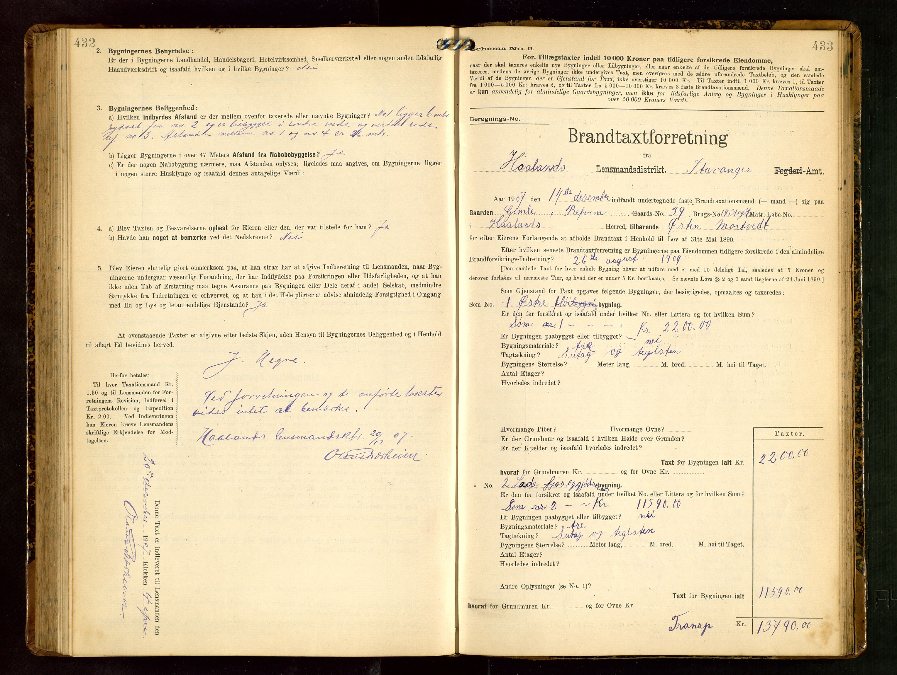 Håland lensmannskontor, SAST/A-100100/Gob/L0003: Branntakstprotokoll - skjematakst. Register i boken., 1909-1910, s. 432-433