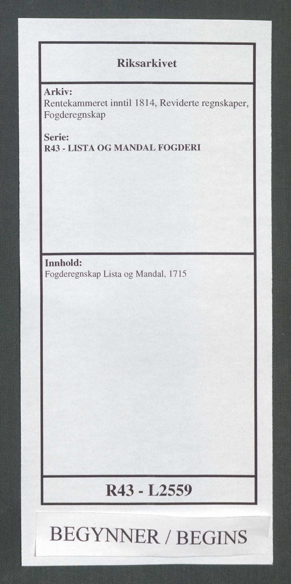 Rentekammeret inntil 1814, Reviderte regnskaper, Fogderegnskap, AV/RA-EA-4092/R43/L2559: Fogderegnskap Lista og Mandal, 1715, s. 1