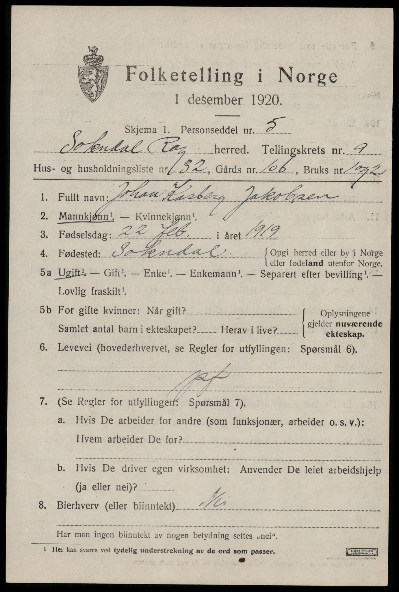 SAST, Folketelling 1920 for 1111 Sokndal herred, 1920, s. 5715