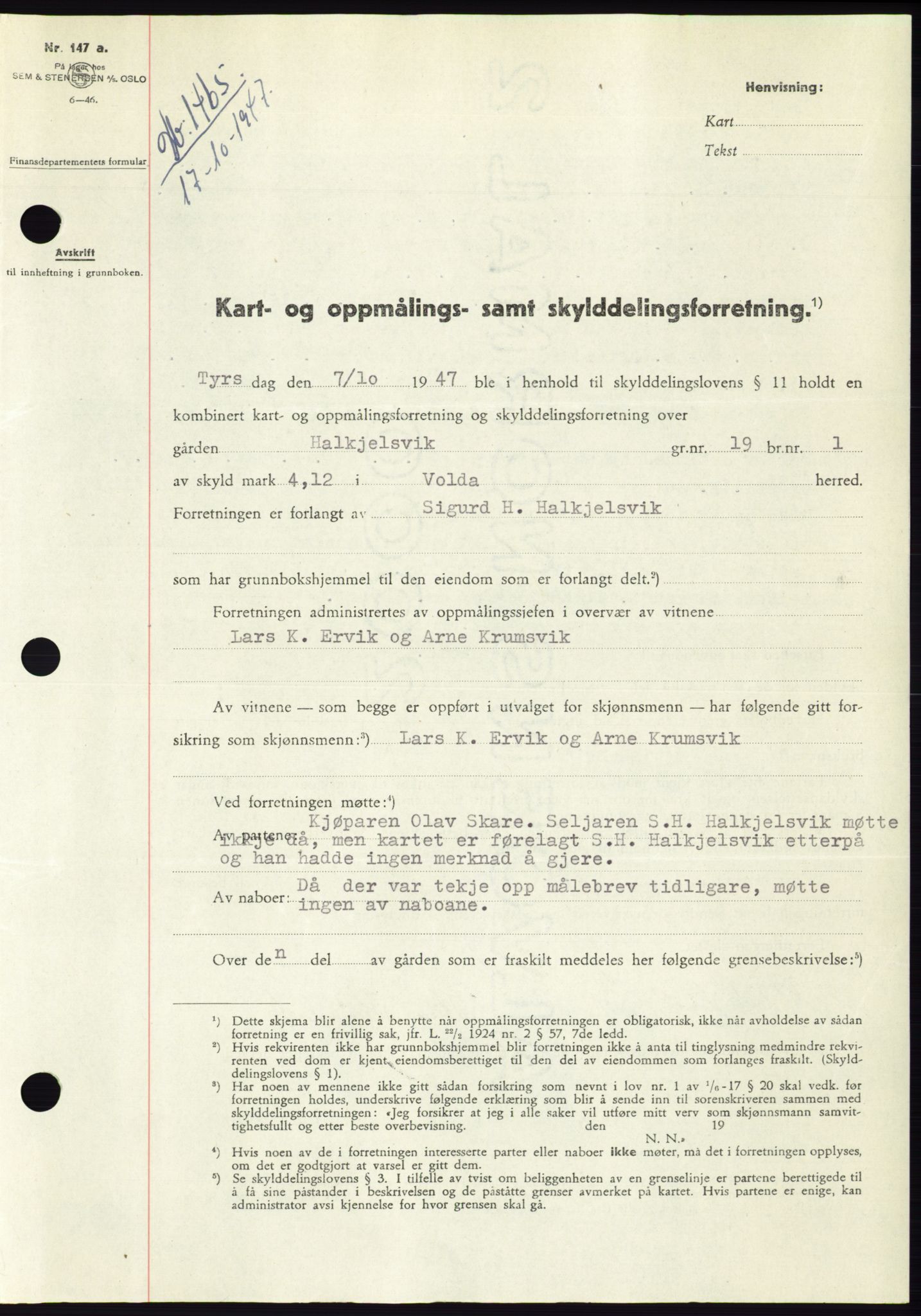 Søre Sunnmøre sorenskriveri, SAT/A-4122/1/2/2C/L0081: Pantebok nr. 7A, 1947-1948, Dagboknr: 1465/1947