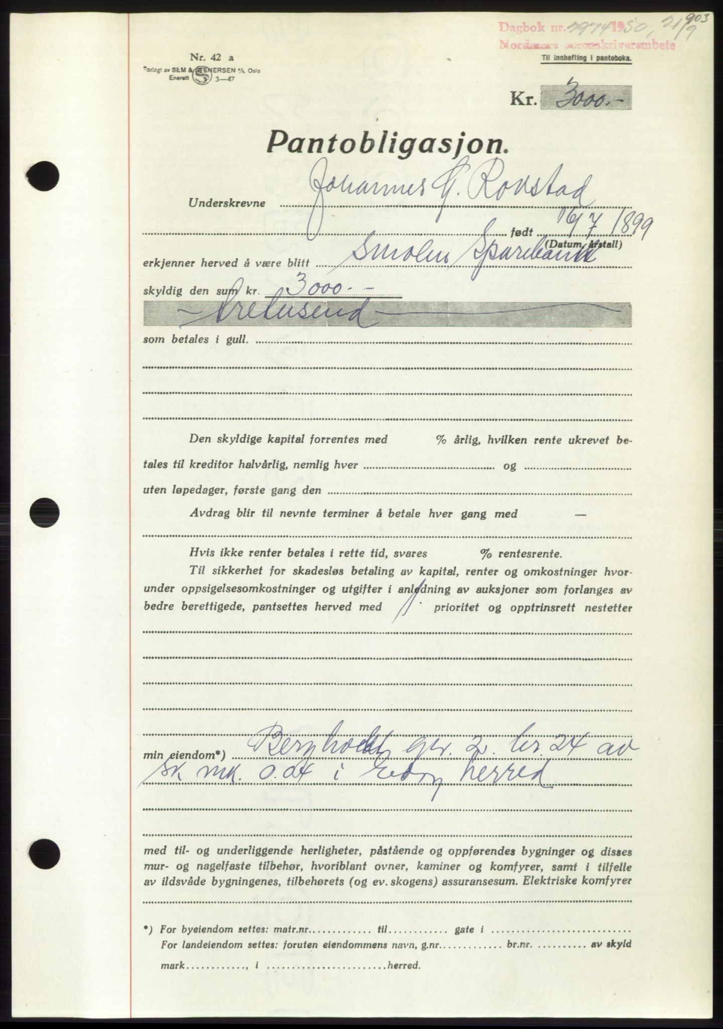 Nordmøre sorenskriveri, AV/SAT-A-4132/1/2/2Ca: Pantebok nr. B105, 1950-1950, Dagboknr: 2974/1950