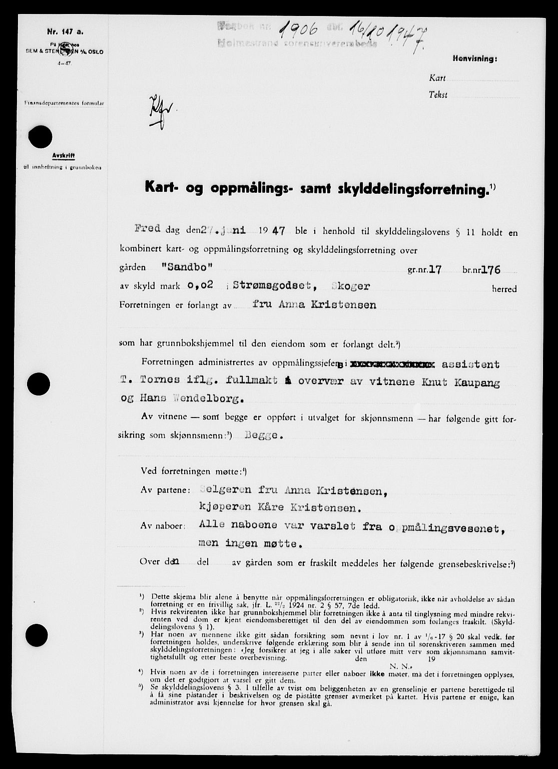 Holmestrand sorenskriveri, SAKO/A-67/G/Ga/Gaa/L0062: Pantebok nr. A-62, 1947-1947, Dagboknr: 1906/1947