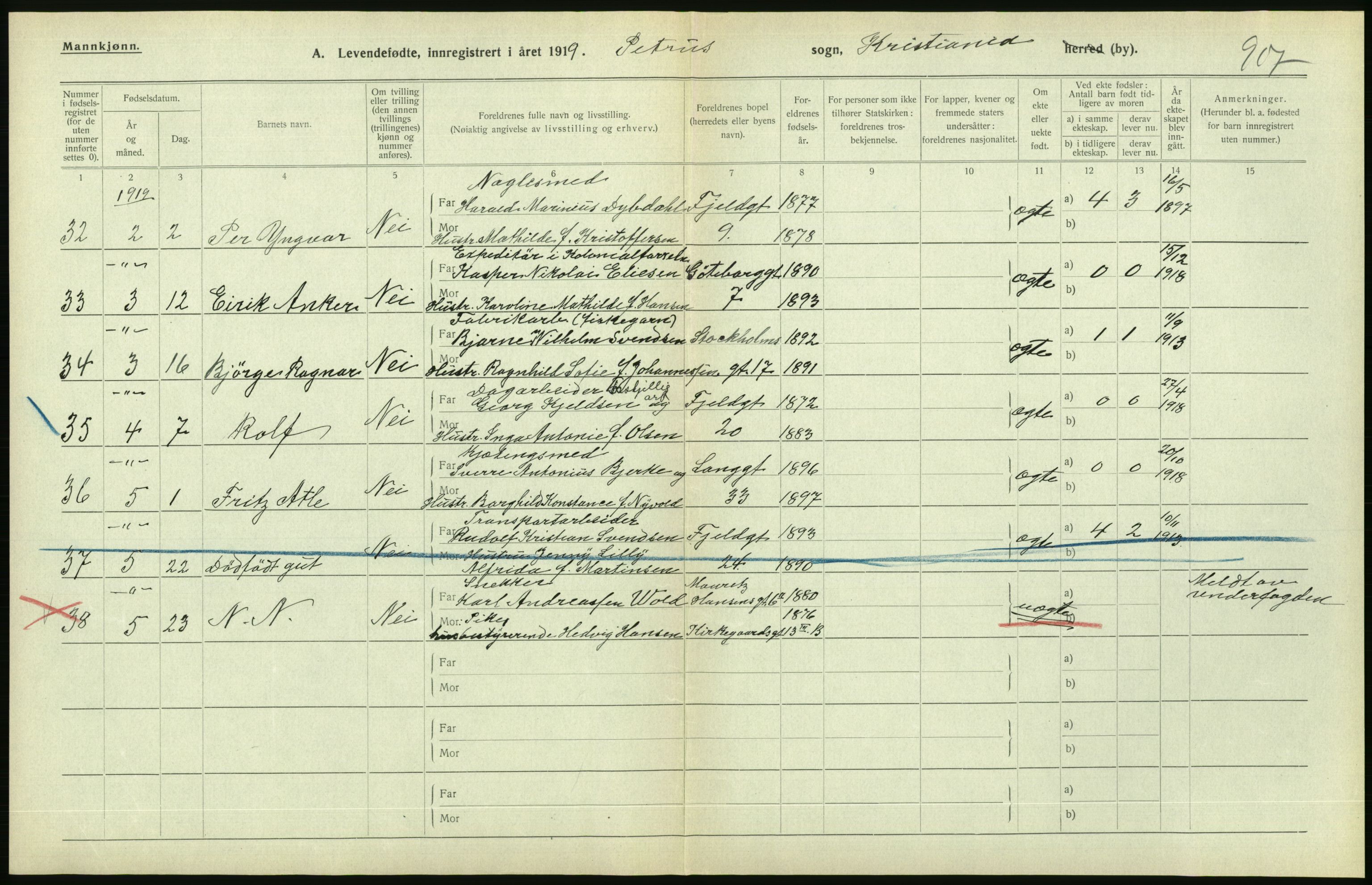 Statistisk sentralbyrå, Sosiodemografiske emner, Befolkning, AV/RA-S-2228/D/Df/Dfb/Dfbi/L0008: Kristiania: Levendefødte menn og kvinner., 1919