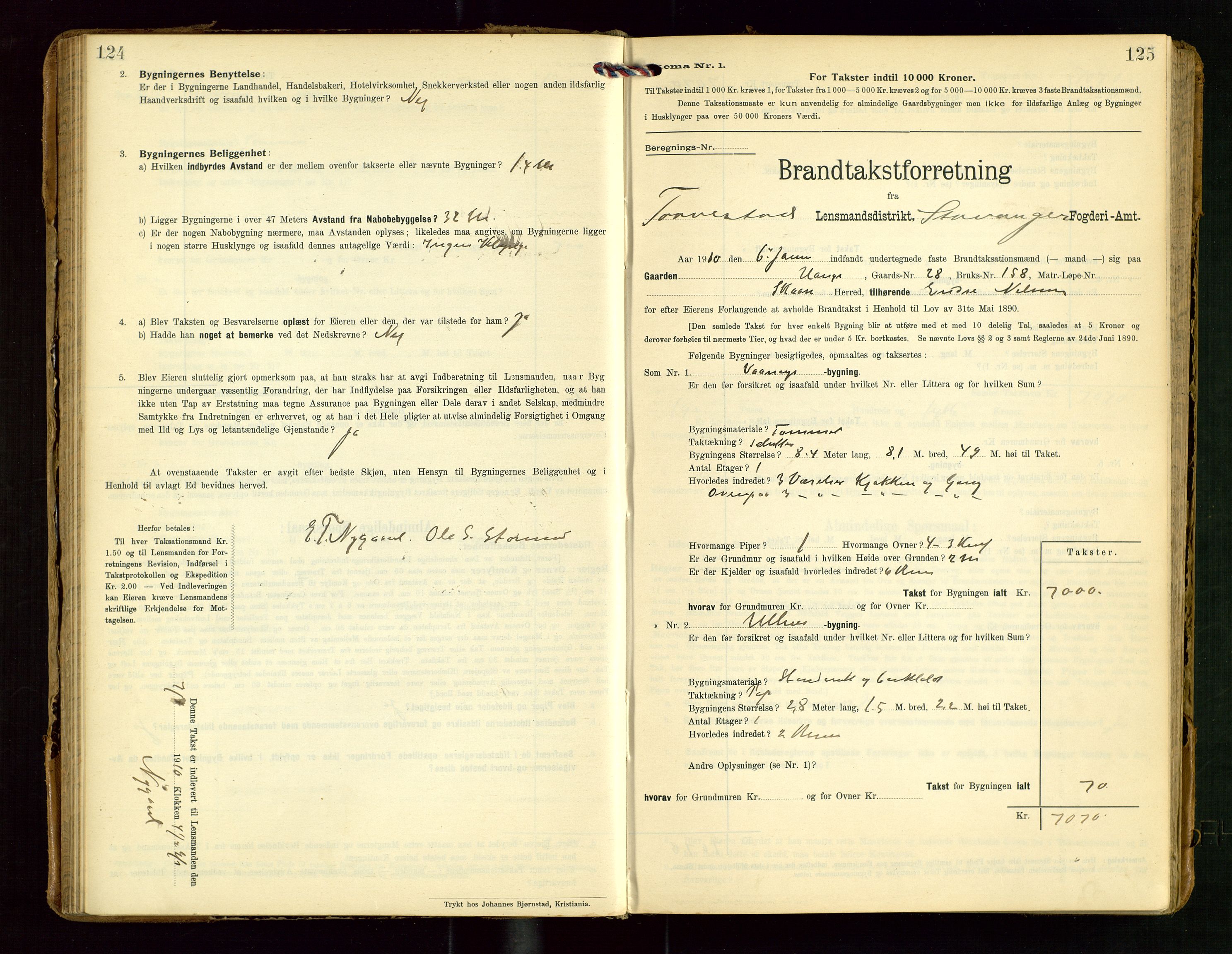 Torvestad lensmannskontor, AV/SAST-A-100307/1/Gob/L0004: "Brandtaxationsprotokol for Torvestad Lensmannsdistrikt", 1909-1923, s. 124-125