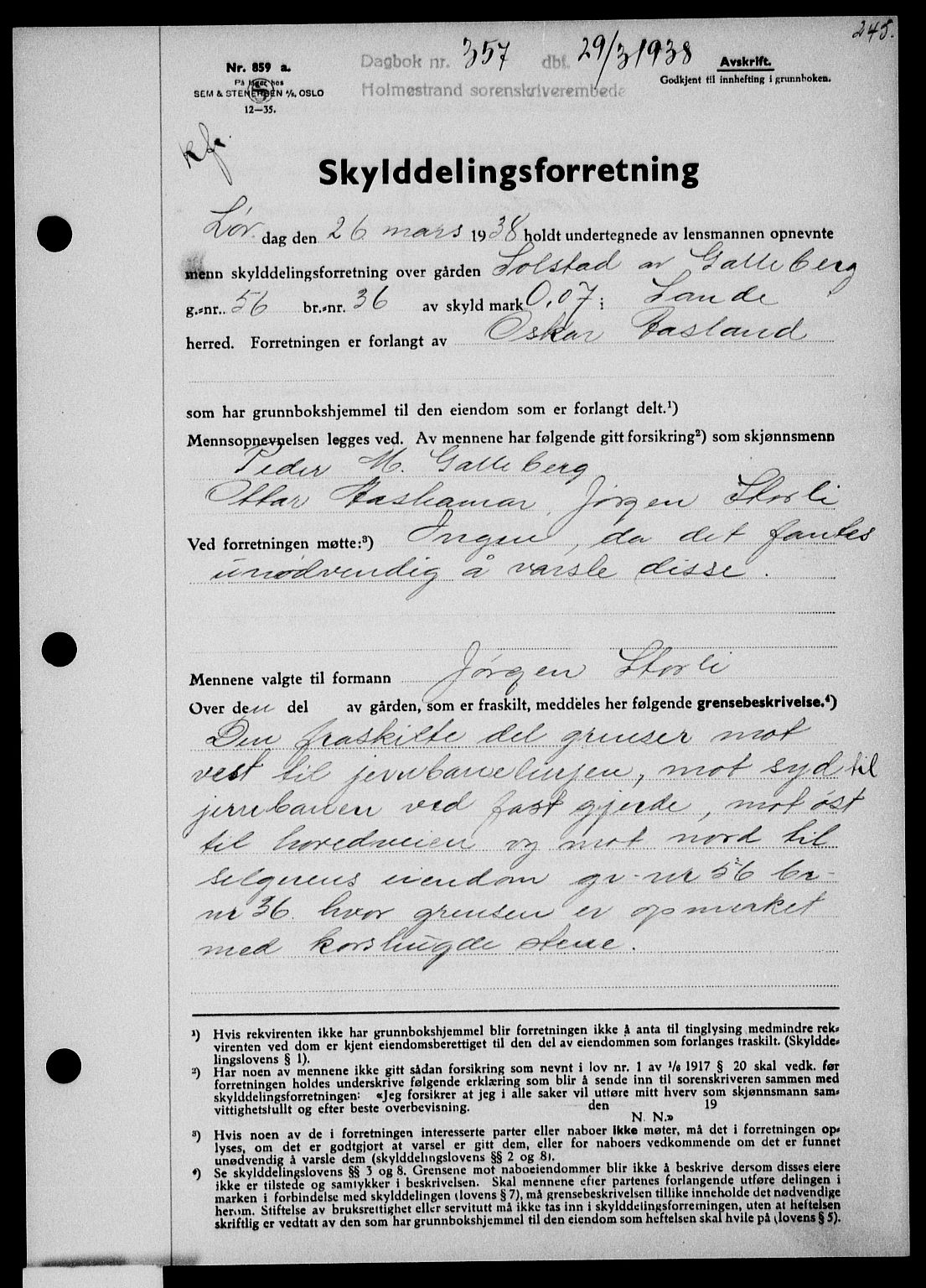 Holmestrand sorenskriveri, SAKO/A-67/G/Ga/Gaa/L0049: Pantebok nr. A-49, 1937-1938, Dagboknr: 357/1938
