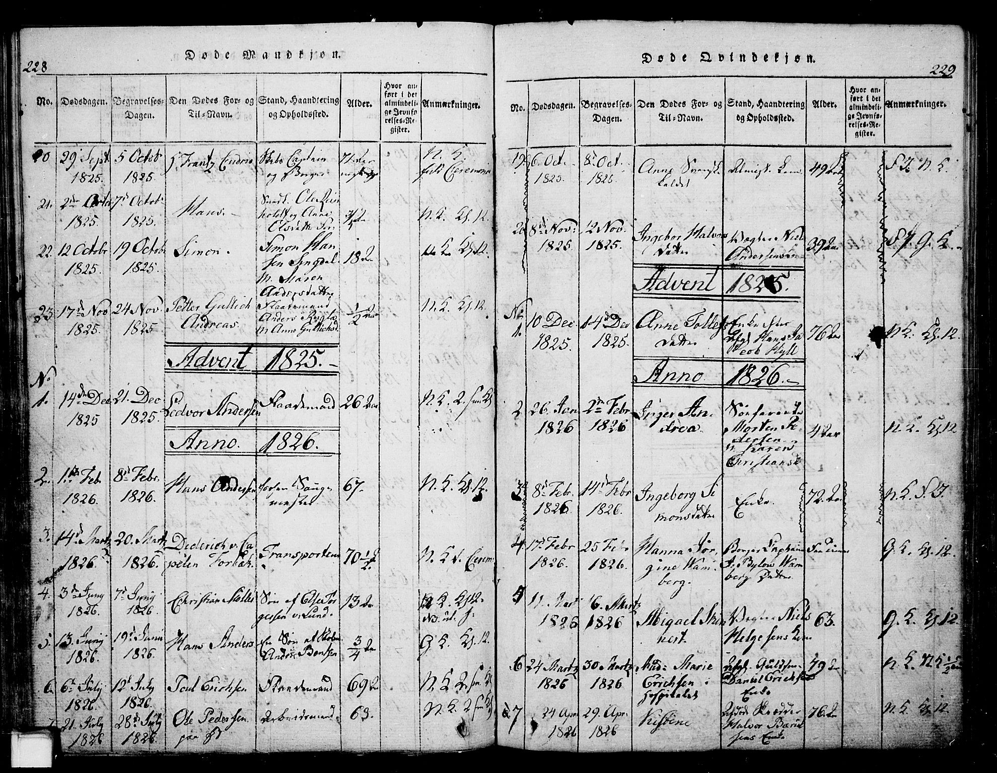 Skien kirkebøker, AV/SAKO-A-302/G/Ga/L0002: Klokkerbok nr. 2, 1814-1842, s. 228-229