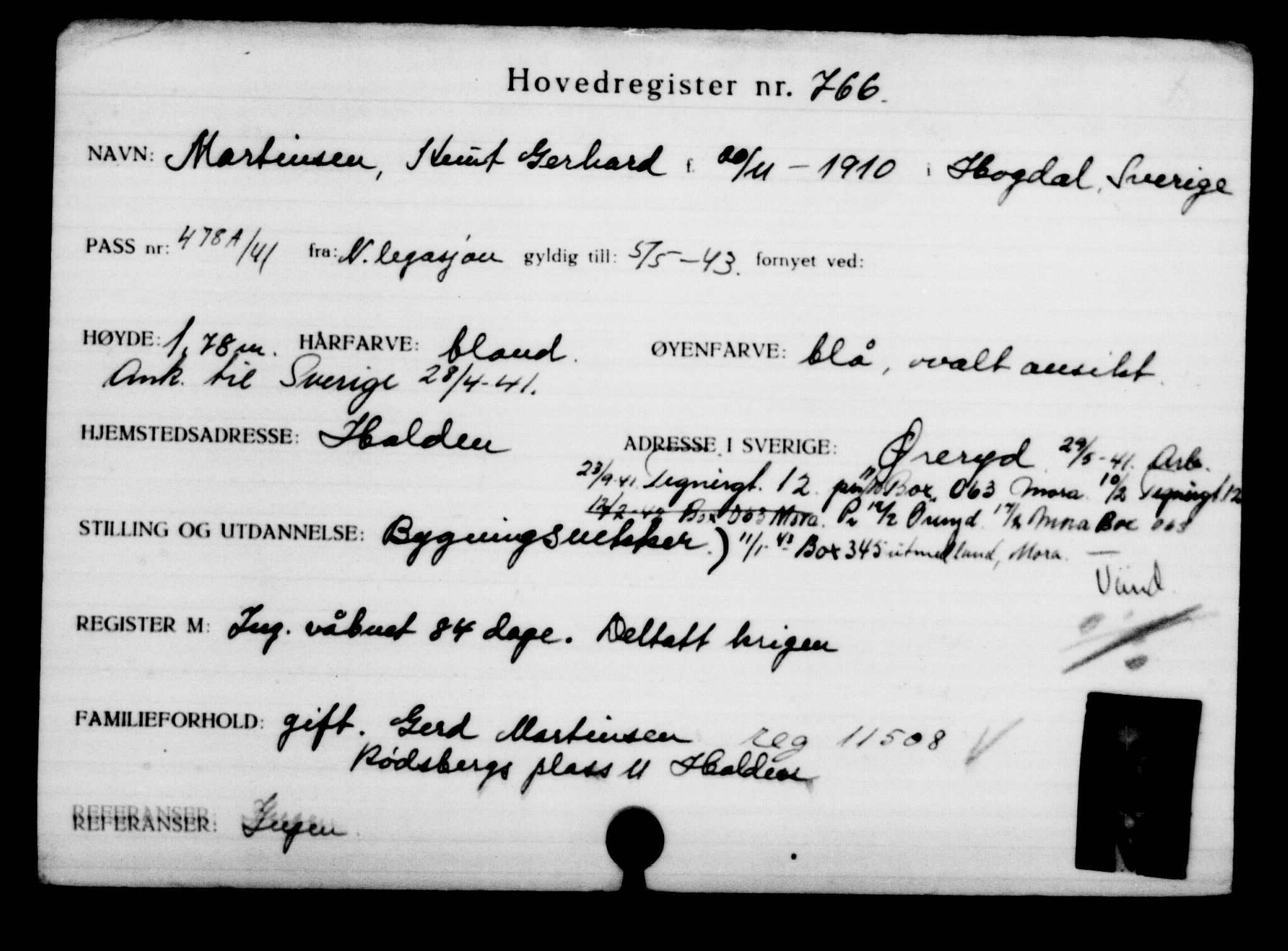 Utenriksstasjonene, Legasjonen i Stockholm, Flyktningkontoret, AV/RA-S-6753/V/Va/L0001: Kjesäterkartoteket, flyktninger med registreringsnr. 1-1000, 1940-1945, s. 1210