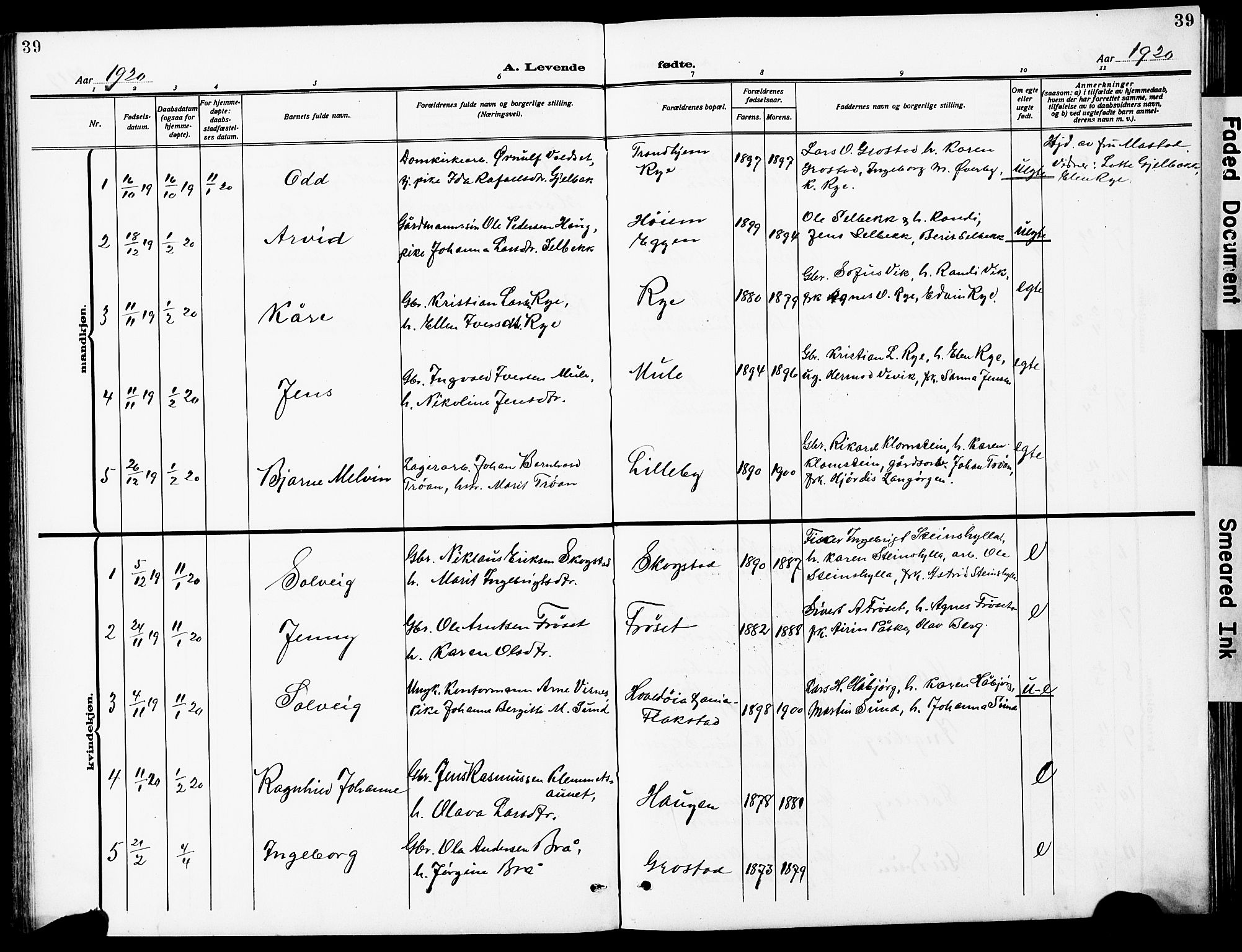 Ministerialprotokoller, klokkerbøker og fødselsregistre - Sør-Trøndelag, AV/SAT-A-1456/612/L0388: Klokkerbok nr. 612C04, 1909-1929, s. 39