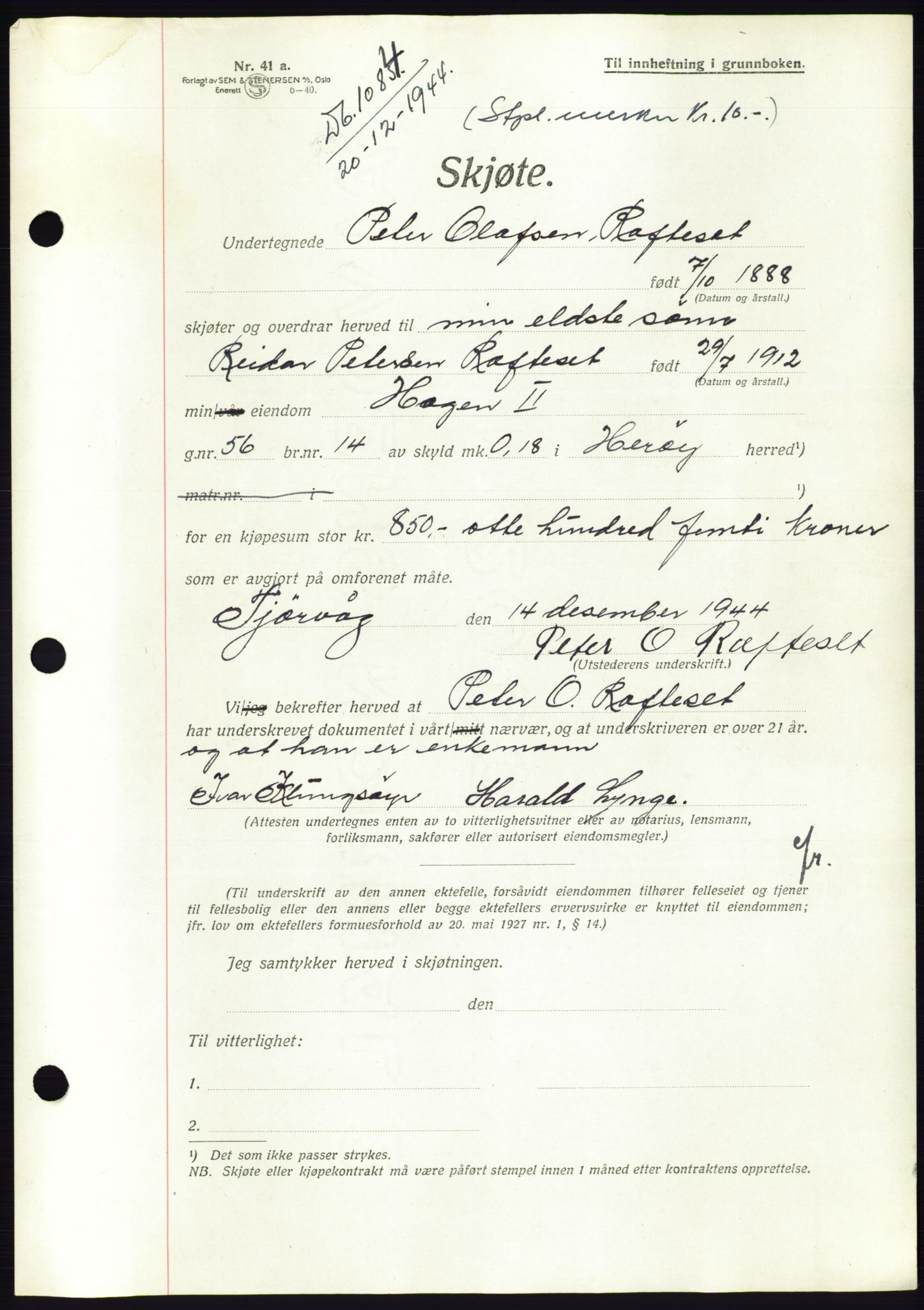 Søre Sunnmøre sorenskriveri, AV/SAT-A-4122/1/2/2C/L0076: Pantebok nr. 2A, 1943-1944, Dagboknr: 1084/1944