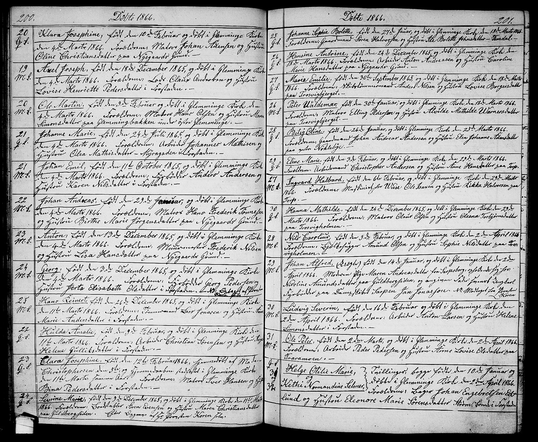 Glemmen prestekontor Kirkebøker, AV/SAO-A-10908/G/Ga/L0003: Klokkerbok nr. 3, 1852-1866, s. 200-201