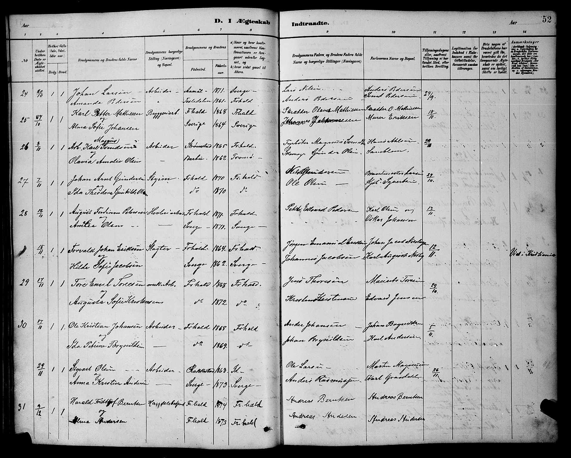 Halden prestekontor Kirkebøker, AV/SAO-A-10909/G/Ga/L0009: Klokkerbok nr. 9, 1885-1908, s. 52