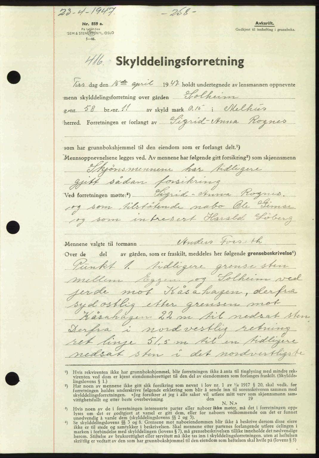Gauldal sorenskriveri, SAT/A-0014/1/2/2C: Pantebok nr. A3, 1947-1947, Dagboknr: 416/1947