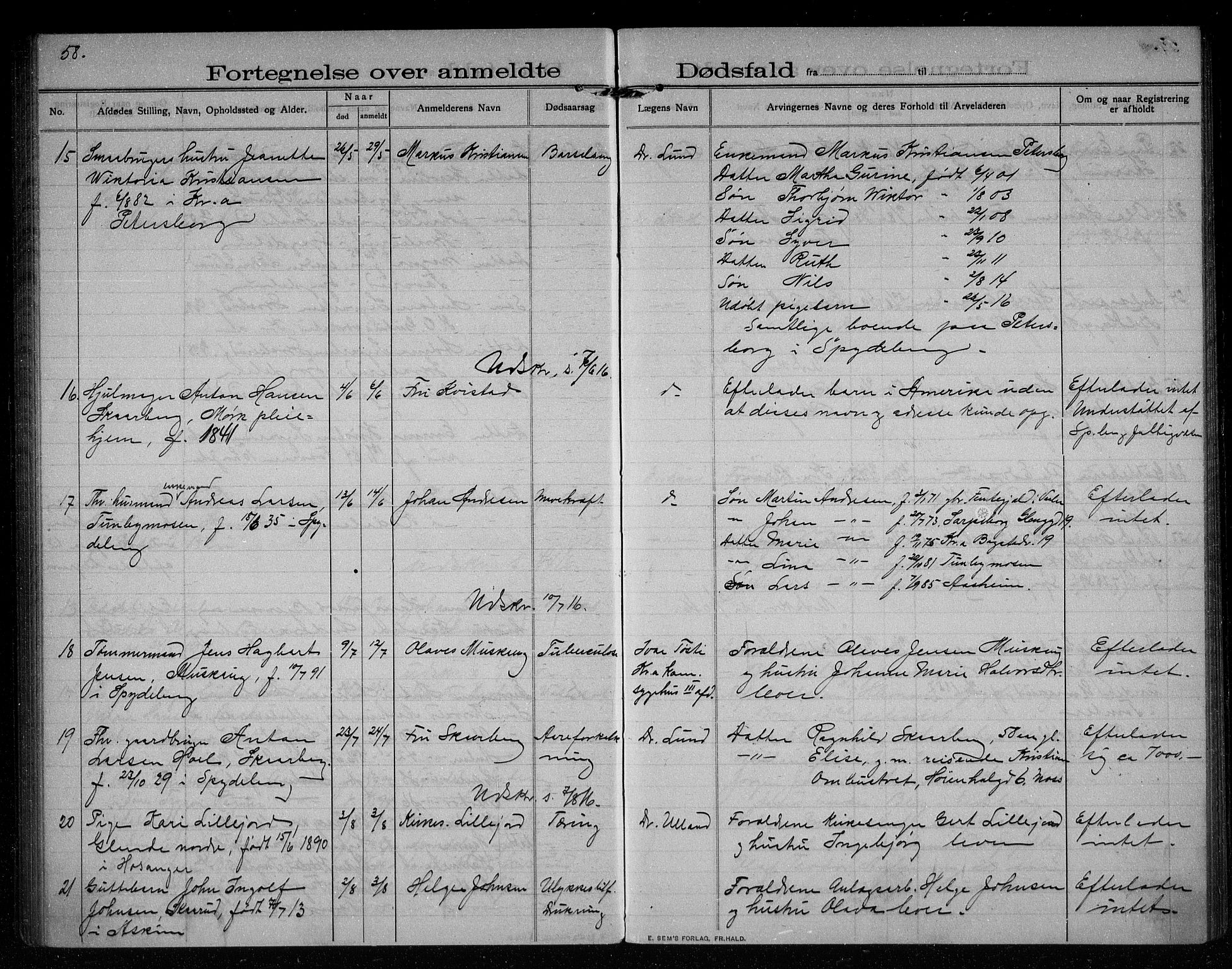 Spydeberg lensmannsarkiv, AV/SAO-A-10635/H/Ha/L0003: Dødsfallsprotokoll, 1908-1922, s. 58