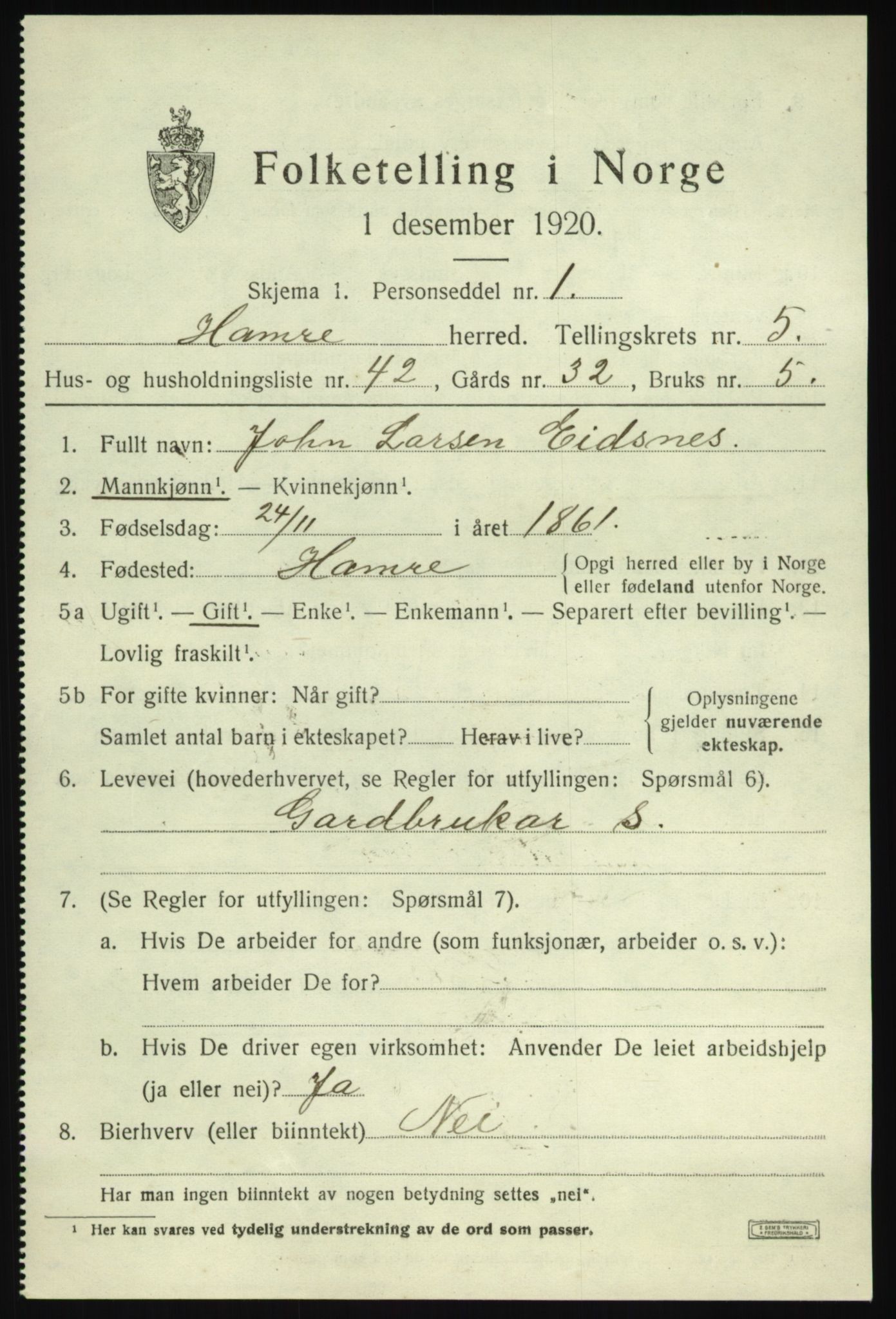SAB, Folketelling 1920 for 1254 Hamre herred, 1920, s. 3413