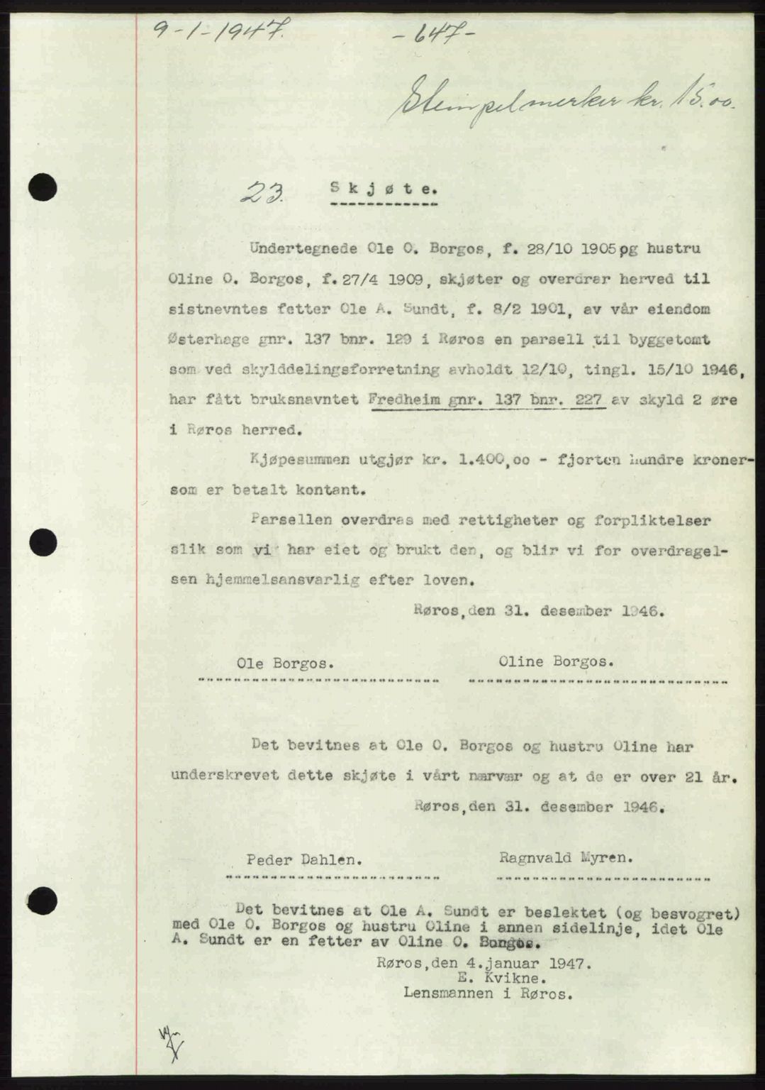 Gauldal sorenskriveri, SAT/A-0014/1/2/2C: Pantebok nr. A3, 1947-1947, Dagboknr: 23/1947