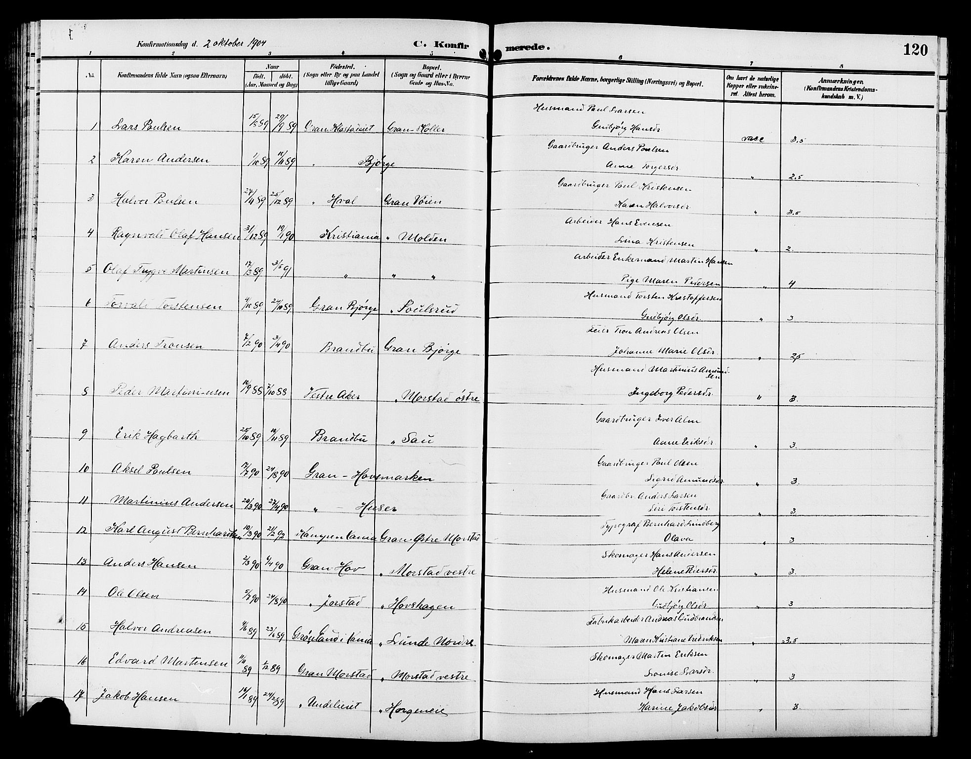 Gran prestekontor, AV/SAH-PREST-112/H/Ha/Hab/L0006: Klokkerbok nr. 6, 1901-1911, s. 120