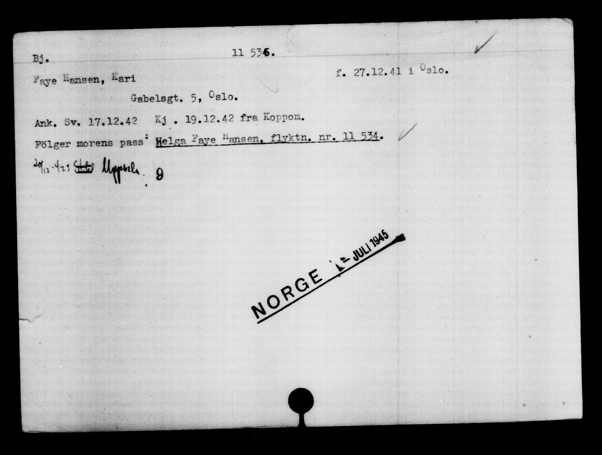 Utenriksstasjonene, Legasjonen i Stockholm, Flyktningkontoret, AV/RA-S-6753/V/Va/L0006: Kjesäterkartoteket, flyktninger med registreringsnr. 9400-12711, 1940-1945, s. 2409