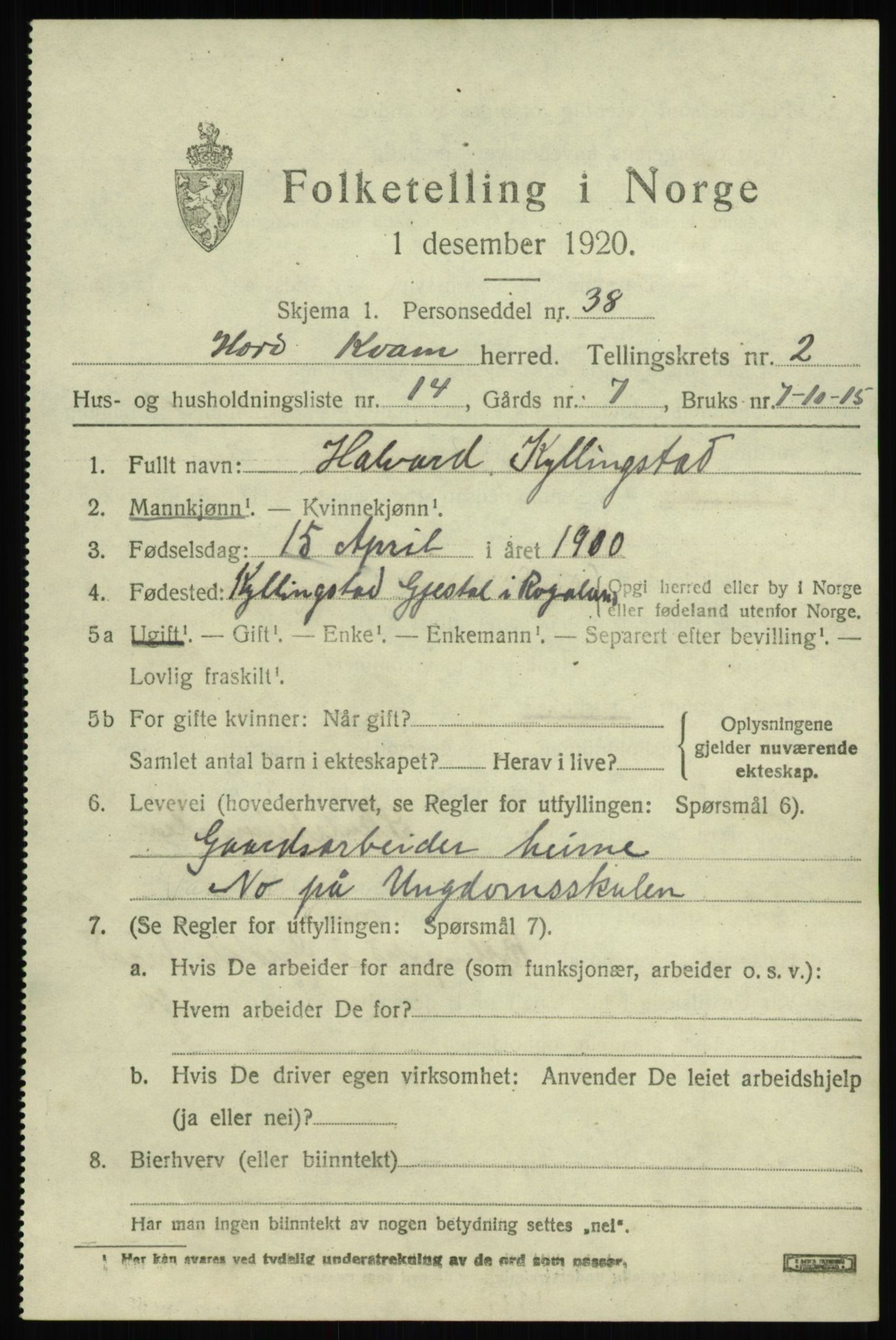 SAB, Folketelling 1920 for 1238 Kvam herred, 1920, s. 2045