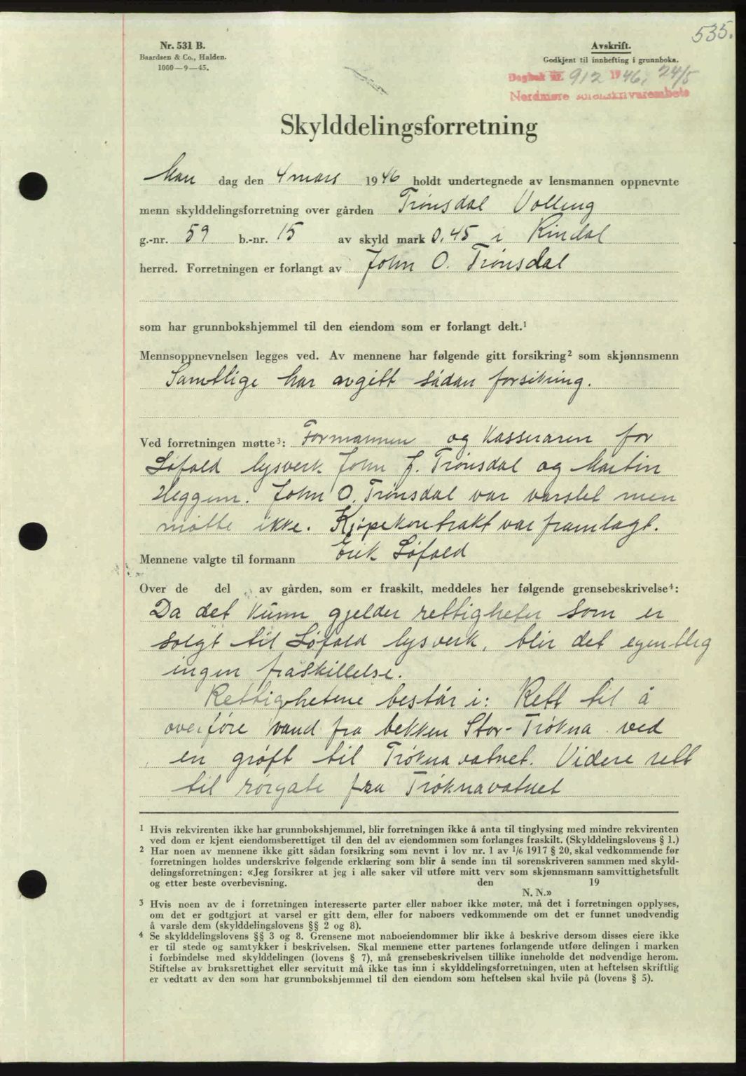 Nordmøre sorenskriveri, AV/SAT-A-4132/1/2/2Ca: Pantebok nr. A101, 1946-1946, Dagboknr: 912/1946