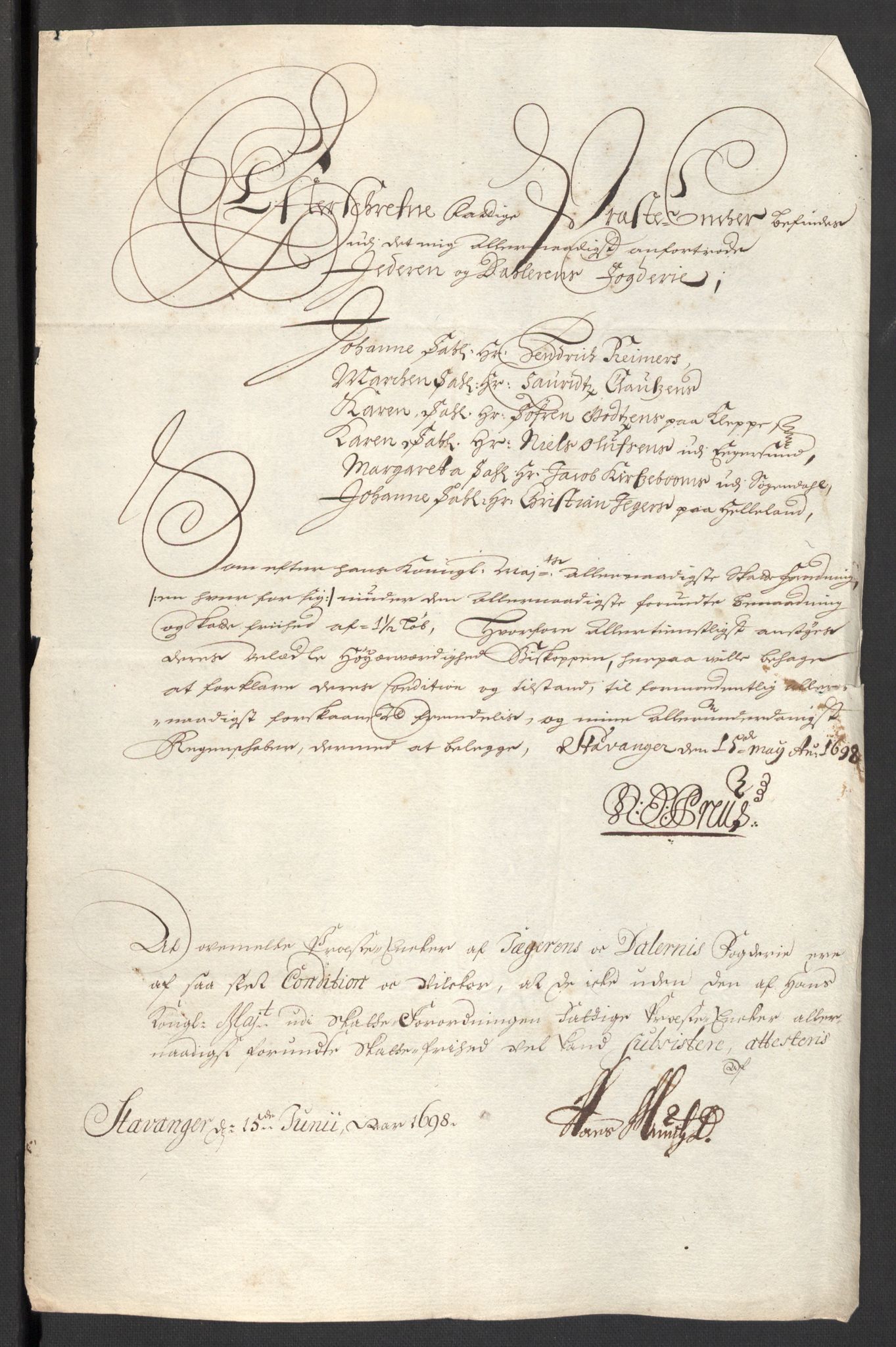 Rentekammeret inntil 1814, Reviderte regnskaper, Fogderegnskap, RA/EA-4092/R46/L2729: Fogderegnskap Jæren og Dalane, 1697-1698, s. 132
