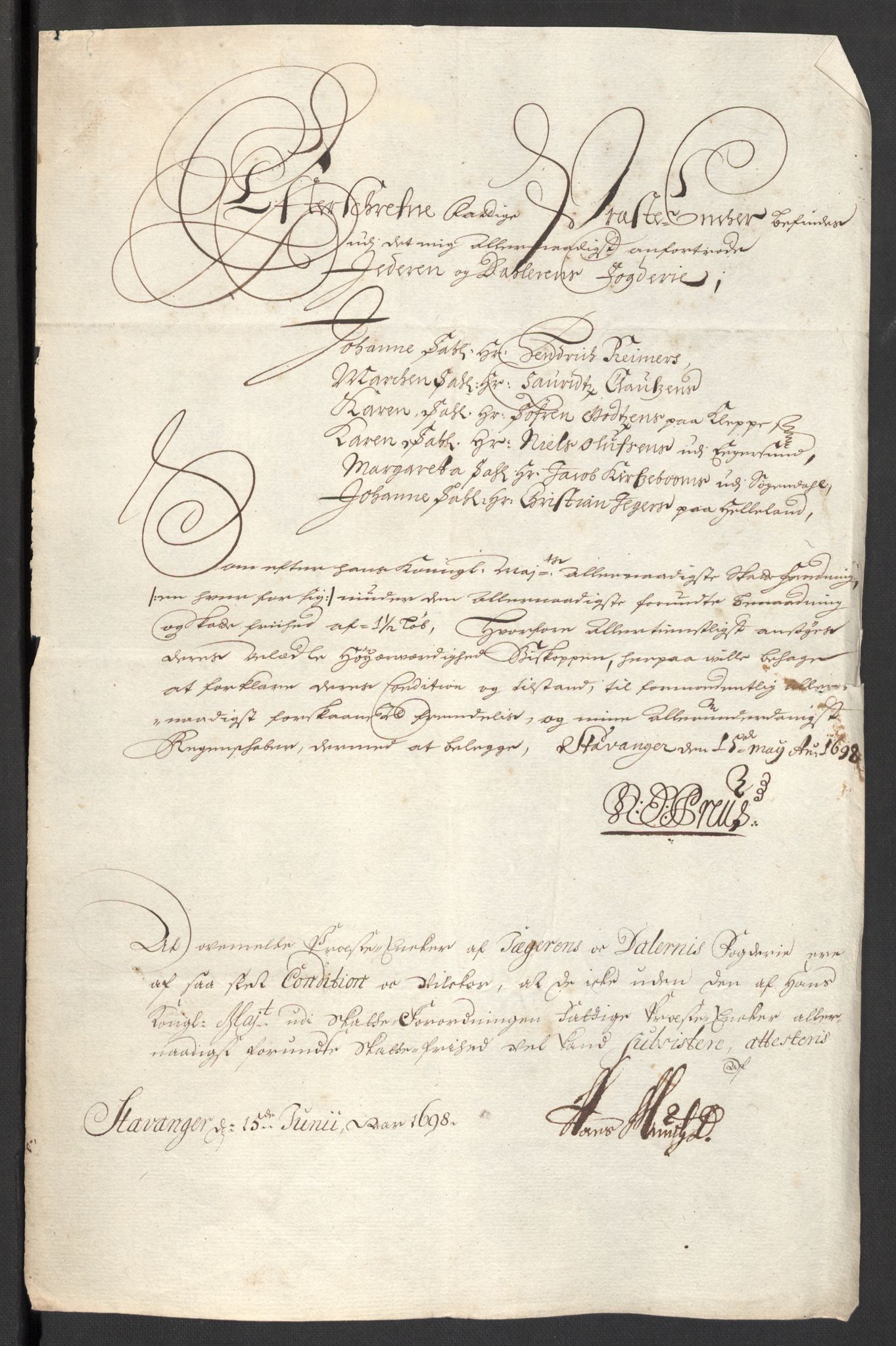 Rentekammeret inntil 1814, Reviderte regnskaper, Fogderegnskap, AV/RA-EA-4092/R46/L2729: Fogderegnskap Jæren og Dalane, 1697-1698, s. 132