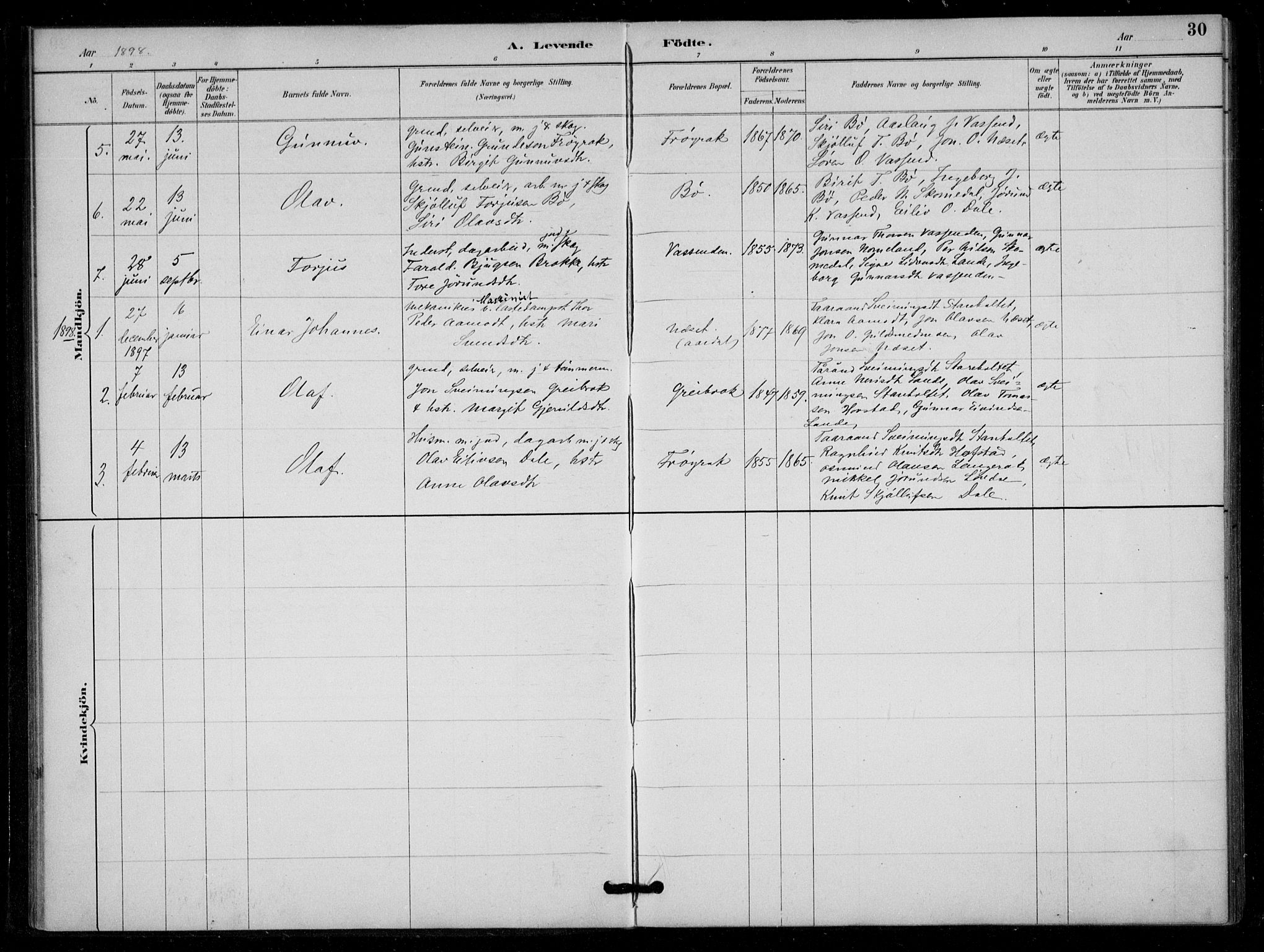 Bygland sokneprestkontor, AV/SAK-1111-0006/F/Fa/Fad/L0001: Ministerialbok nr. A 1, 1885-1906, s. 30