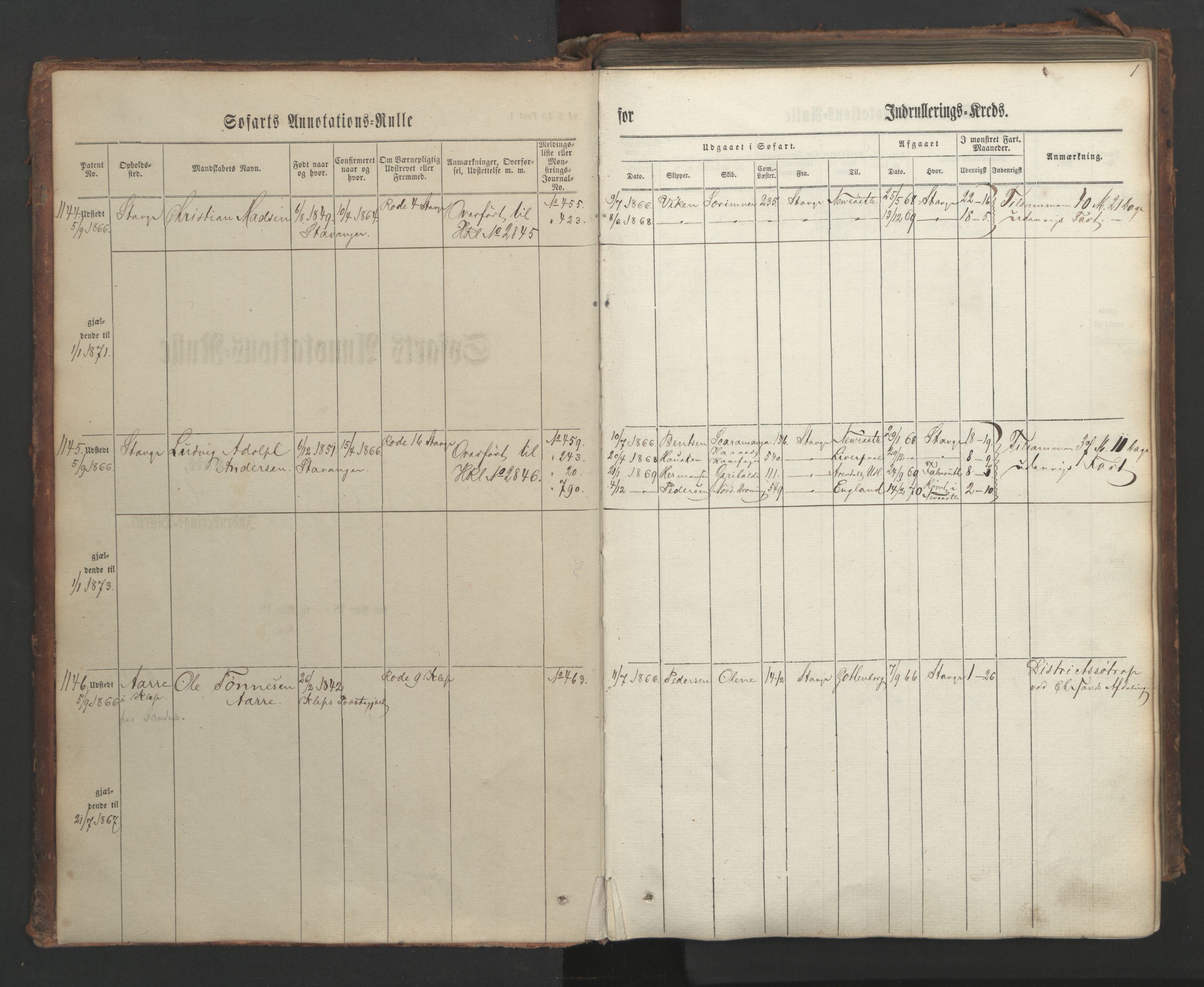 Stavanger sjømannskontor, AV/SAST-A-102006/F/Ff/L0003: Annotasjonsrulle, patentnr. 1144-1761, 1866, s. 4