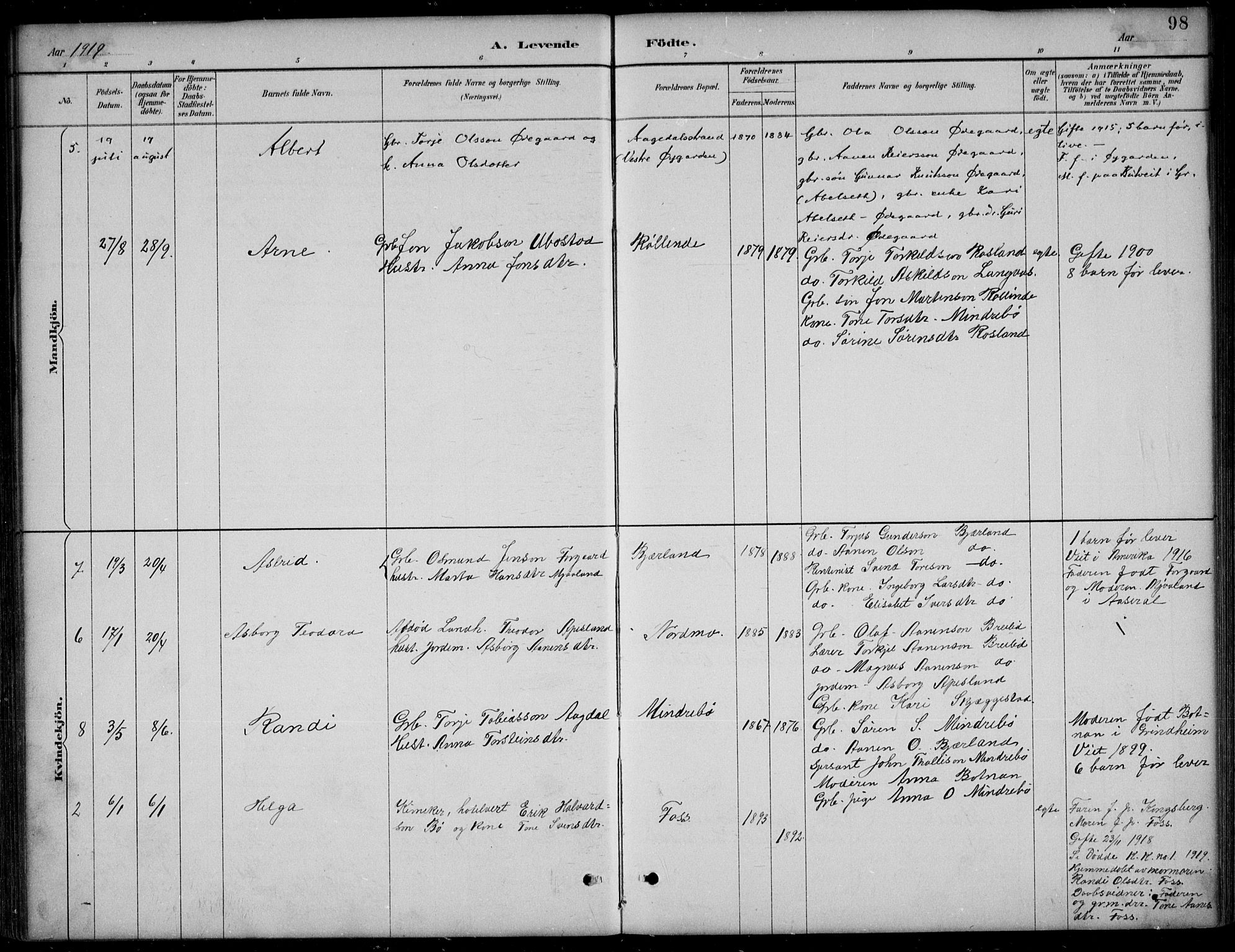 Bjelland sokneprestkontor, AV/SAK-1111-0005/F/Fb/Fba/L0005: Klokkerbok nr. B 5, 1887-1923, s. 98