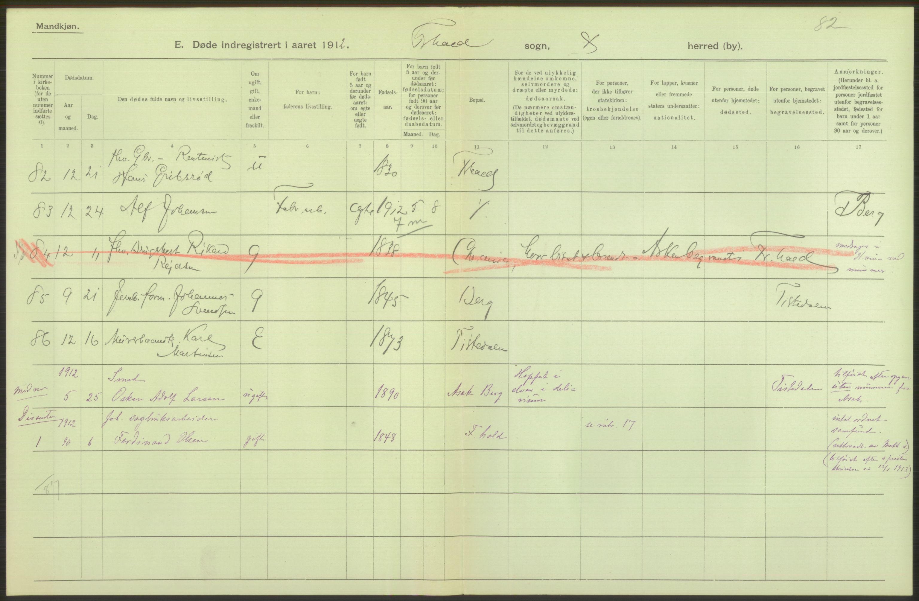 Statistisk sentralbyrå, Sosiodemografiske emner, Befolkning, AV/RA-S-2228/D/Df/Dfb/Dfbb/L0003: Smålenenes amt:  Døde. Bygder og byer., 1912, s. 54