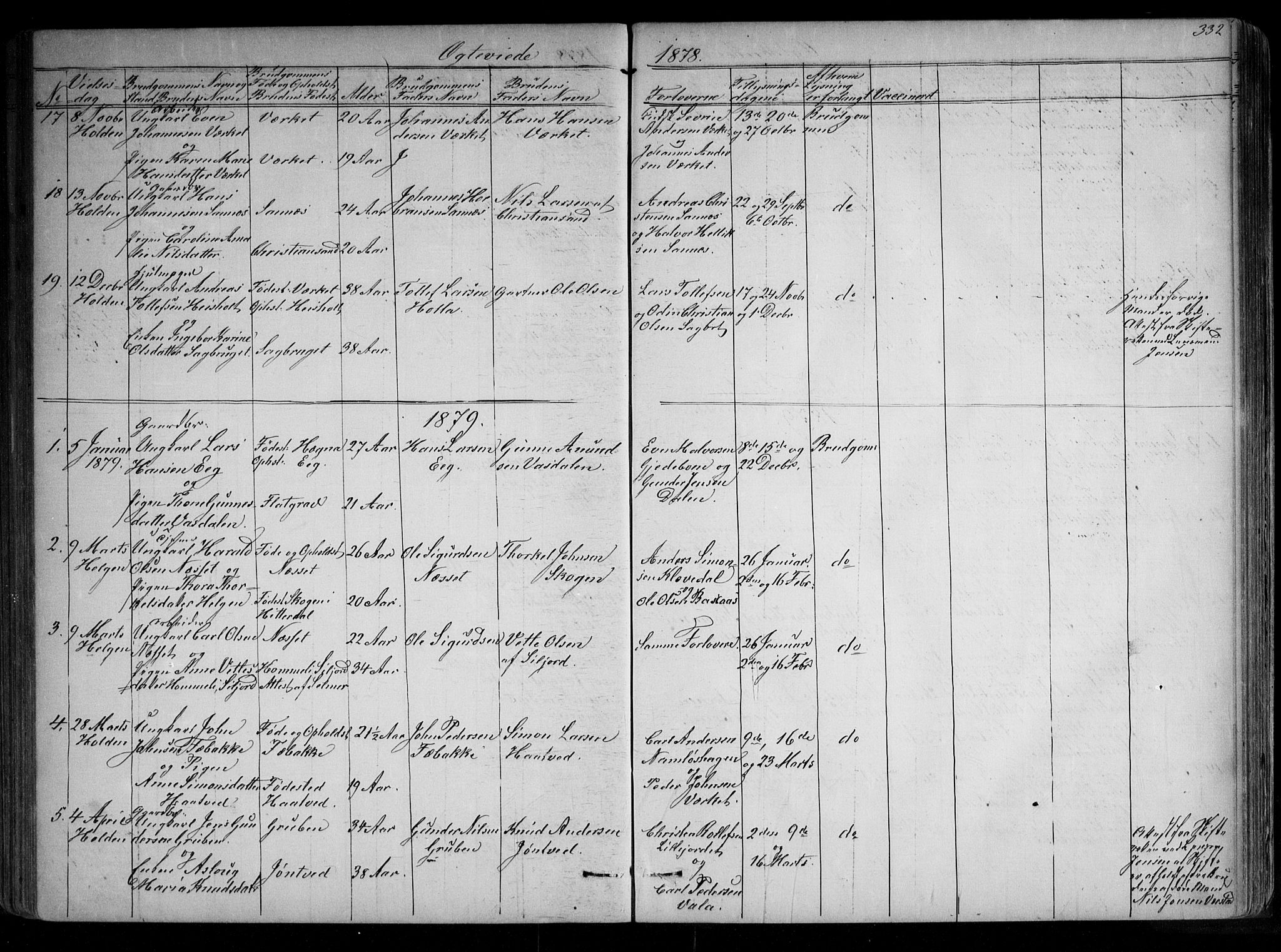 Holla kirkebøker, AV/SAKO-A-272/G/Ga/L0004: Klokkerbok nr. I 4, 1867-1890, s. 332