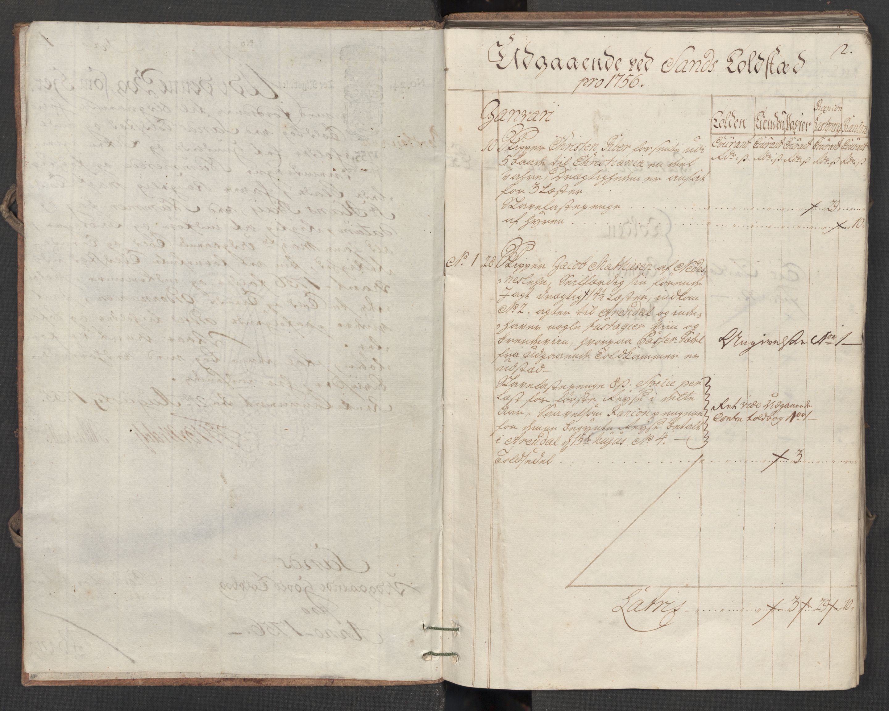 Generaltollkammeret, tollregnskaper, AV/RA-EA-5490/R07/L0016/0002: Tollregnskaper Sand / Utgående hovedtollbok, 1756, s. 1b-2a