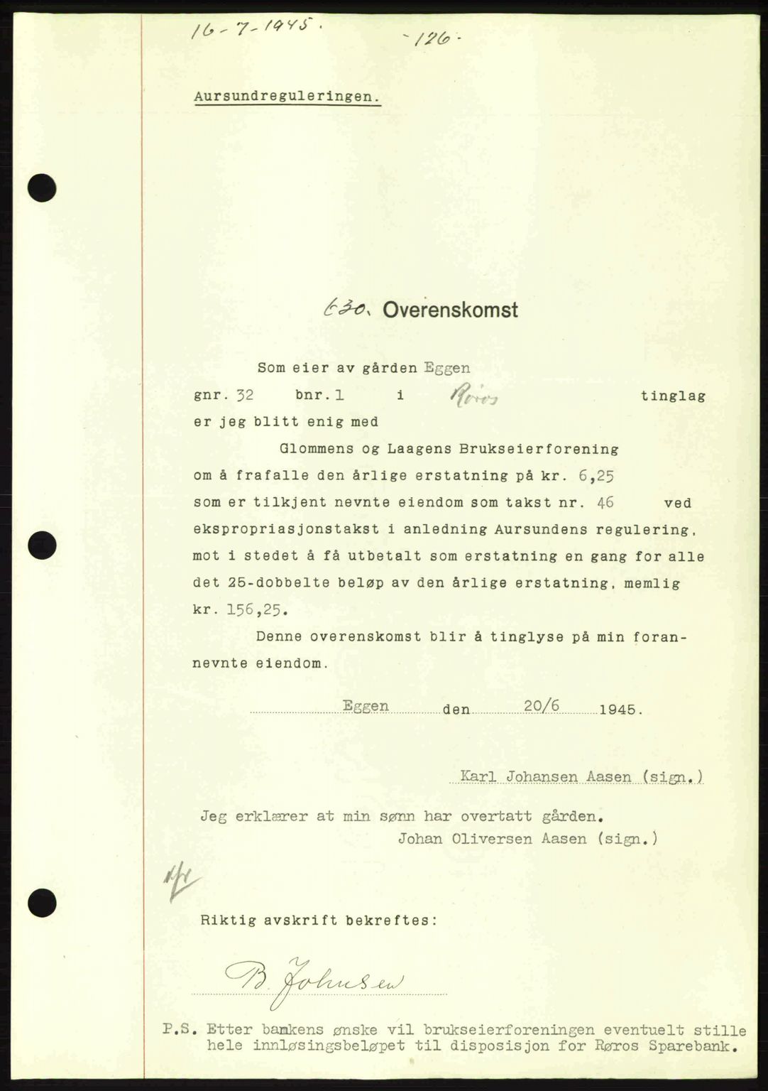 Gauldal sorenskriveri, SAT/A-0014/1/2/2C: Pantebok nr. A1a, 1945-1945, Dagboknr: 630/1945