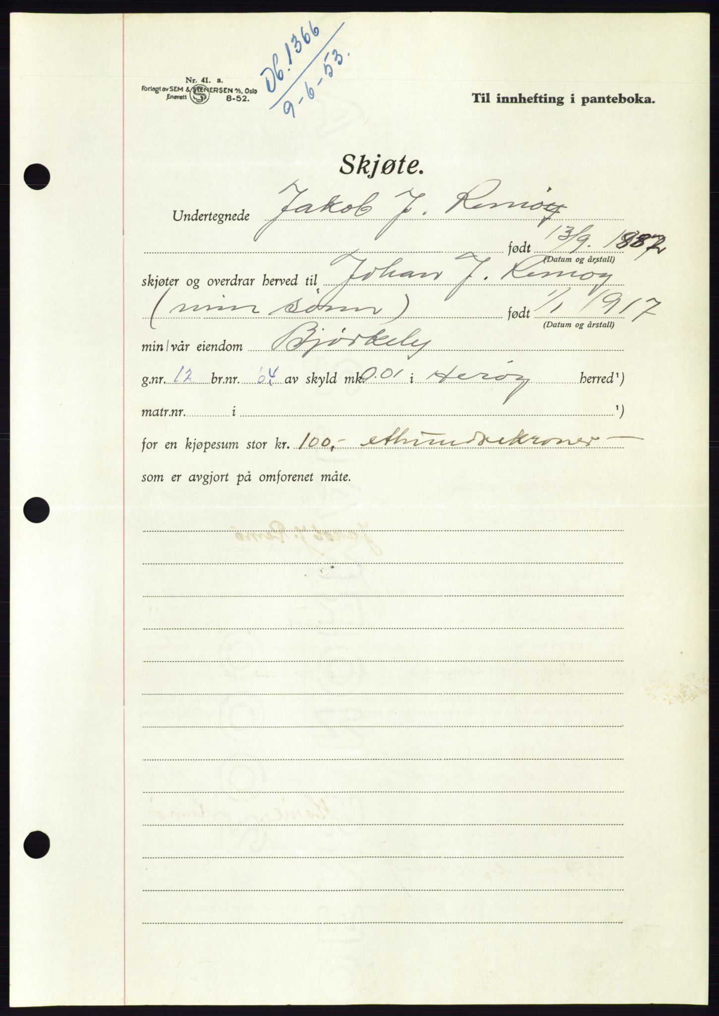 Søre Sunnmøre sorenskriveri, AV/SAT-A-4122/1/2/2C/L0095: Pantebok nr. 21A, 1953-1953, Dagboknr: 1366/1953