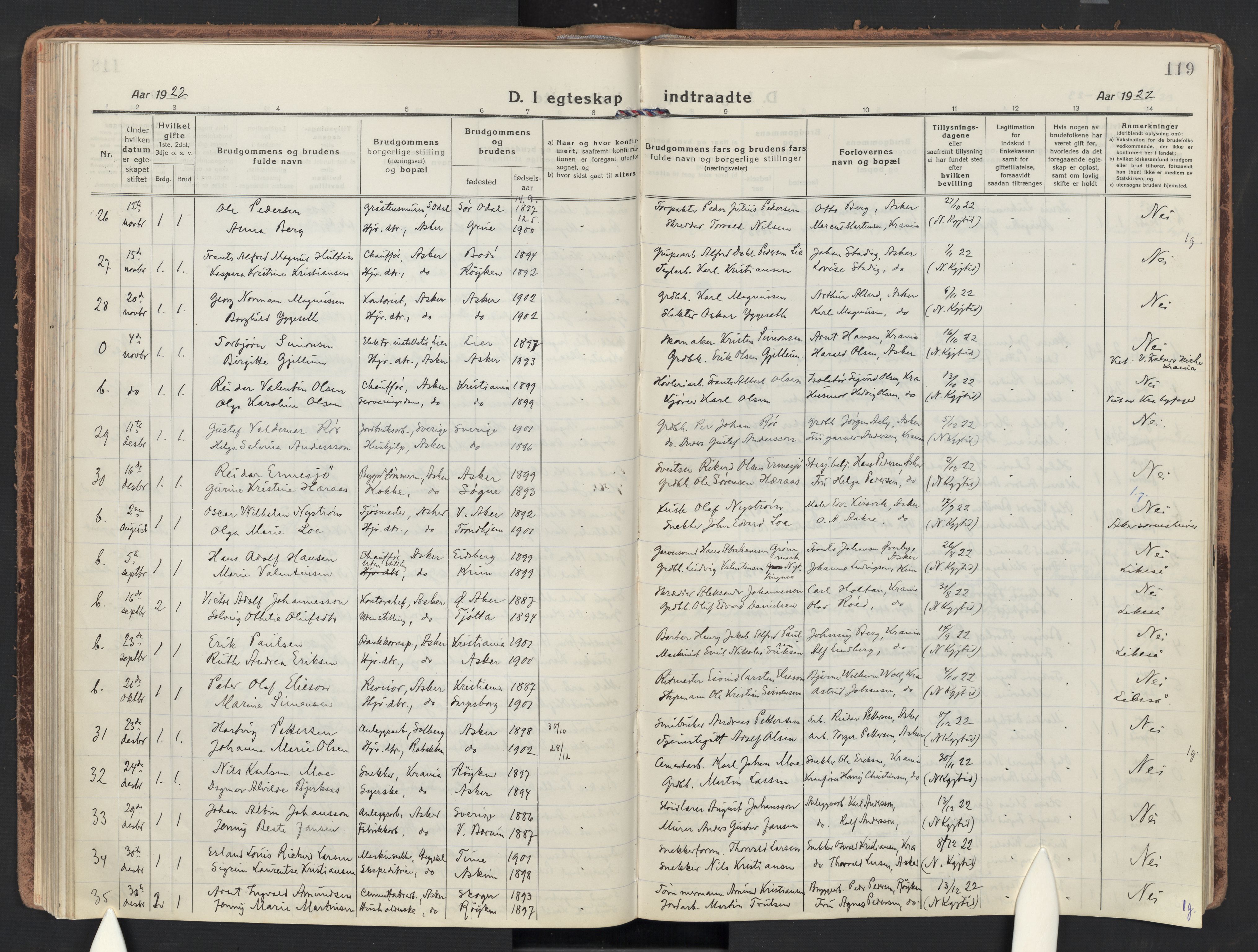 Asker prestekontor Kirkebøker, AV/SAO-A-10256a/F/Fa/L0019: Ministerialbok nr. I 19, 1918-1935, s. 119