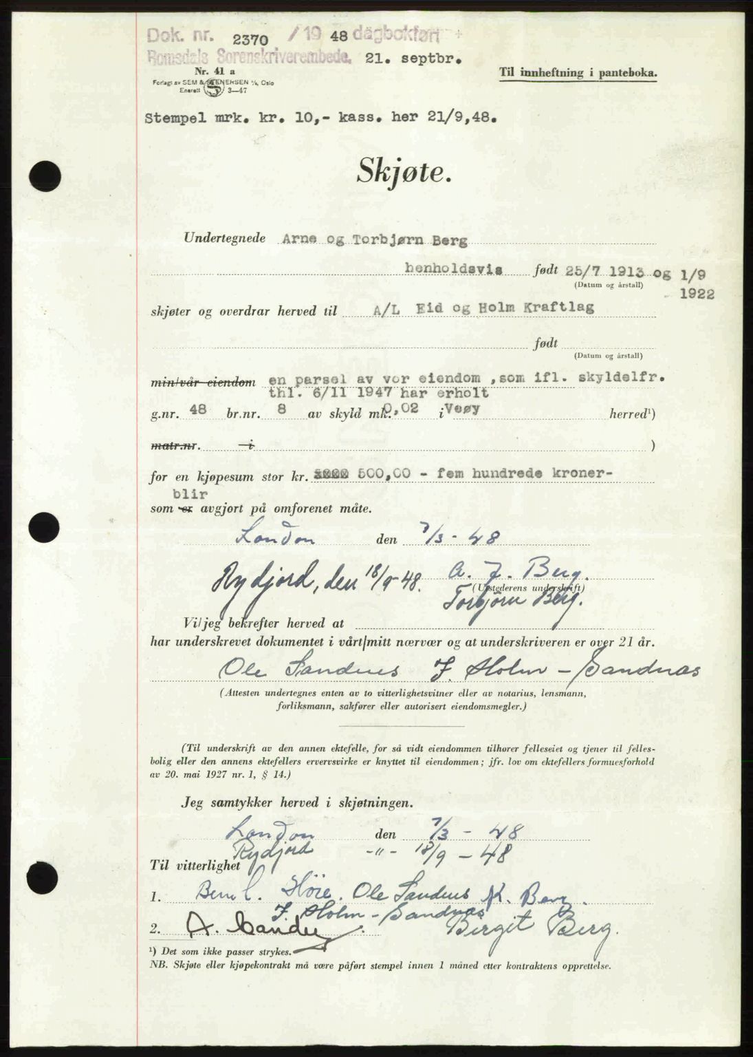 Romsdal sorenskriveri, AV/SAT-A-4149/1/2/2C: Pantebok nr. A27, 1948-1948, Dagboknr: 2370/1948