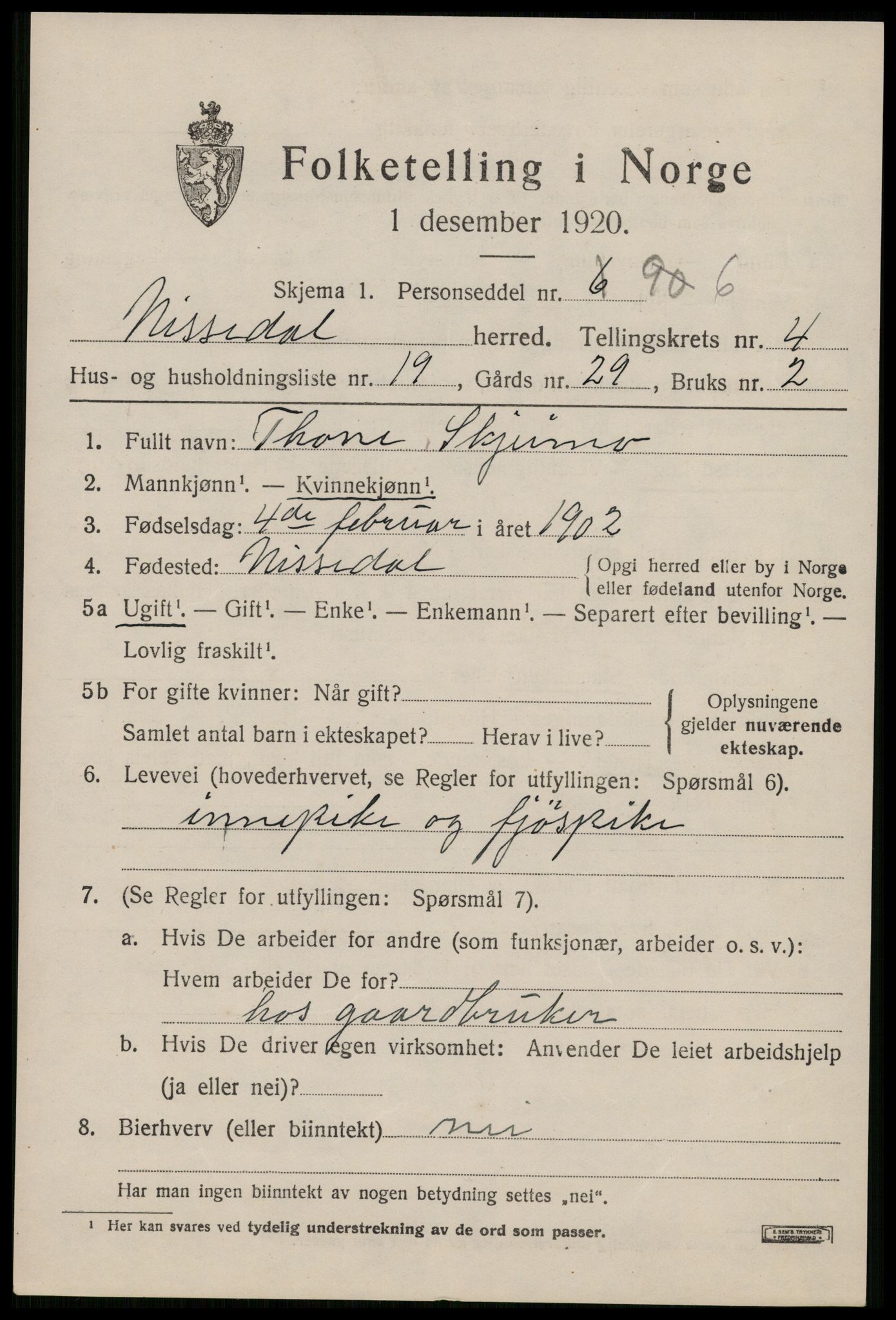 SAKO, Folketelling 1920 for 0830 Nissedal herred, 1920, s. 2007