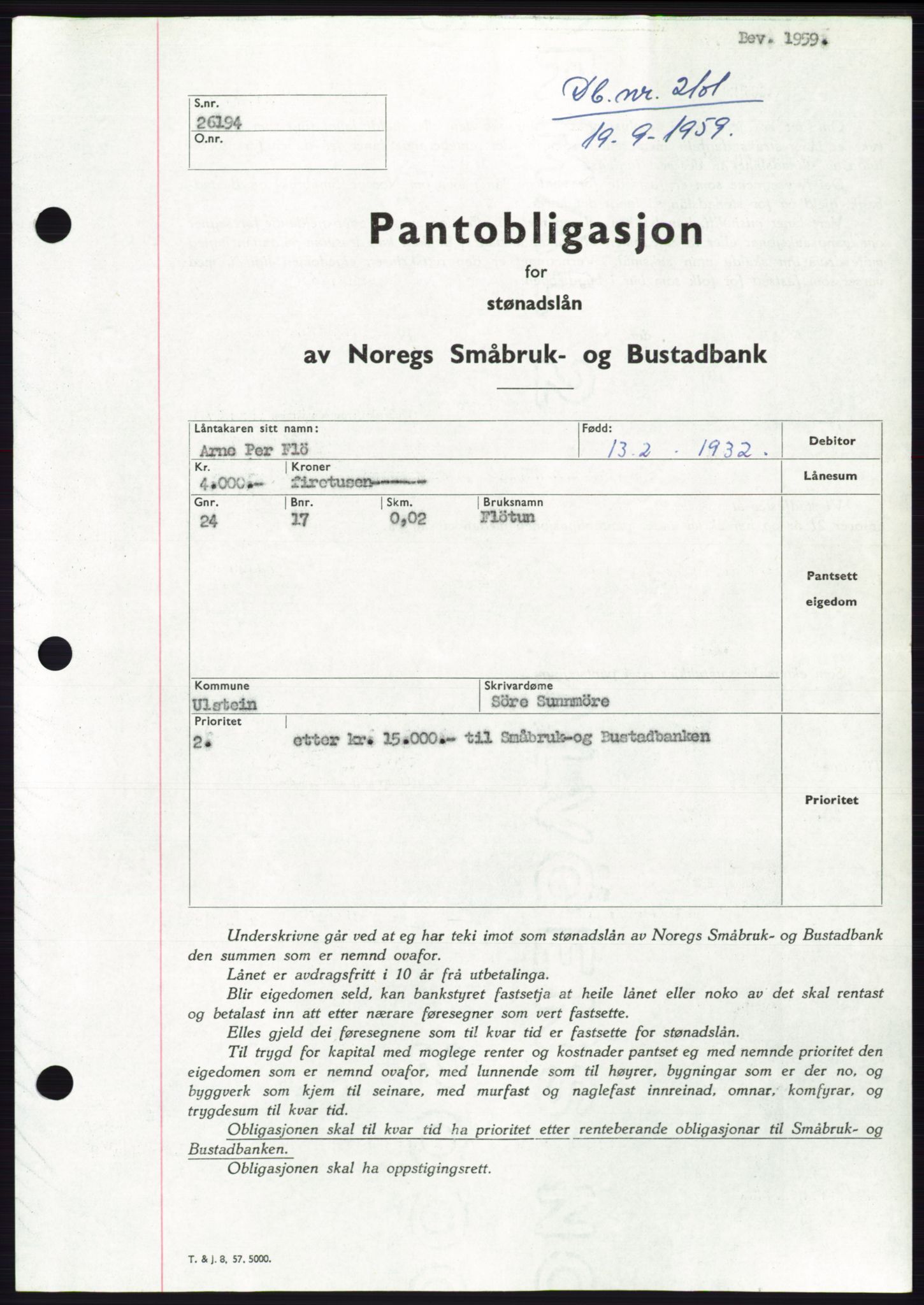 Søre Sunnmøre sorenskriveri, SAT/A-4122/1/2/2C/L0133: Pantebok nr. 21B, 1959-1959, Dagboknr: 2101/1959