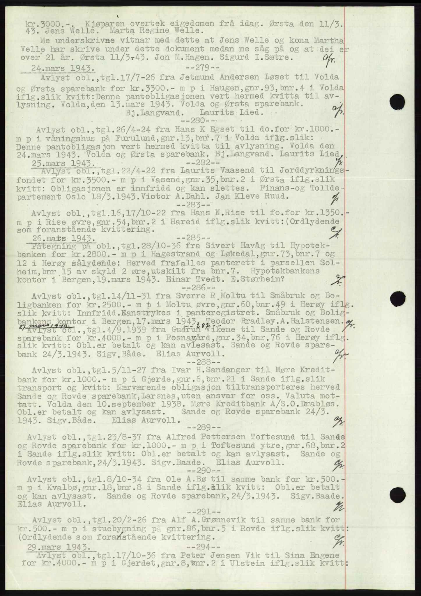 Søre Sunnmøre sorenskriveri, SAT/A-4122/1/2/2C/L0072: Pantebok nr. 66, 1941-1955, Dagboknr: 279/1943