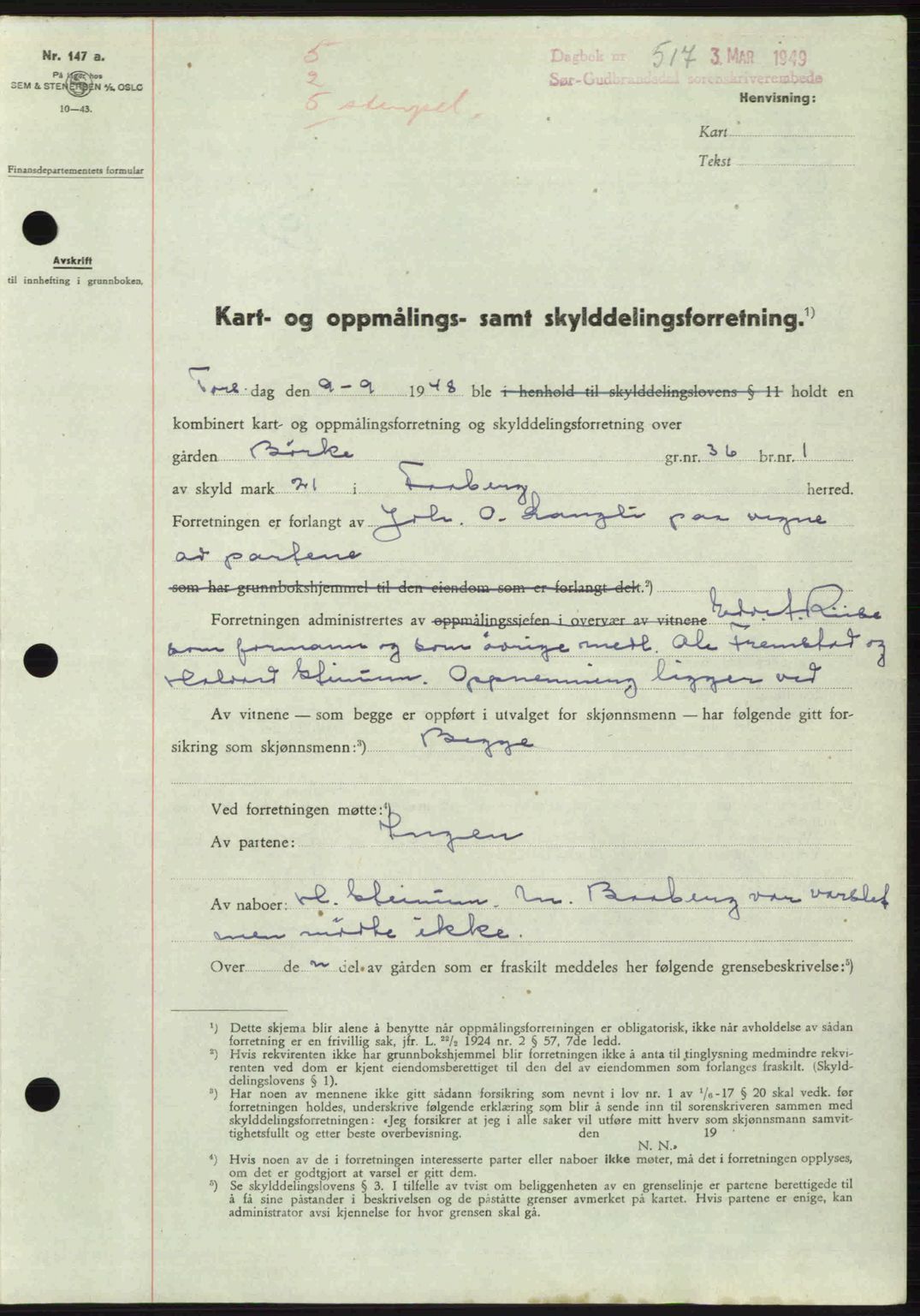 Sør-Gudbrandsdal tingrett, SAH/TING-004/H/Hb/Hbd/L0024: Pantebok nr. A24, 1948-1949, Dagboknr: 517/1949