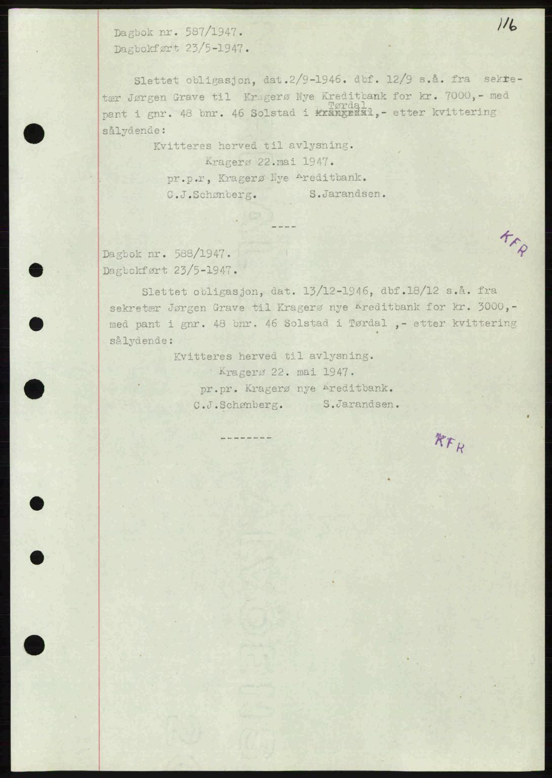 Kragerø sorenskriveri, SAKO/A-65/G/Ga/Gab/L0061: Pantebok nr. A-61, 1947-1947, Dagboknr: 587/1947